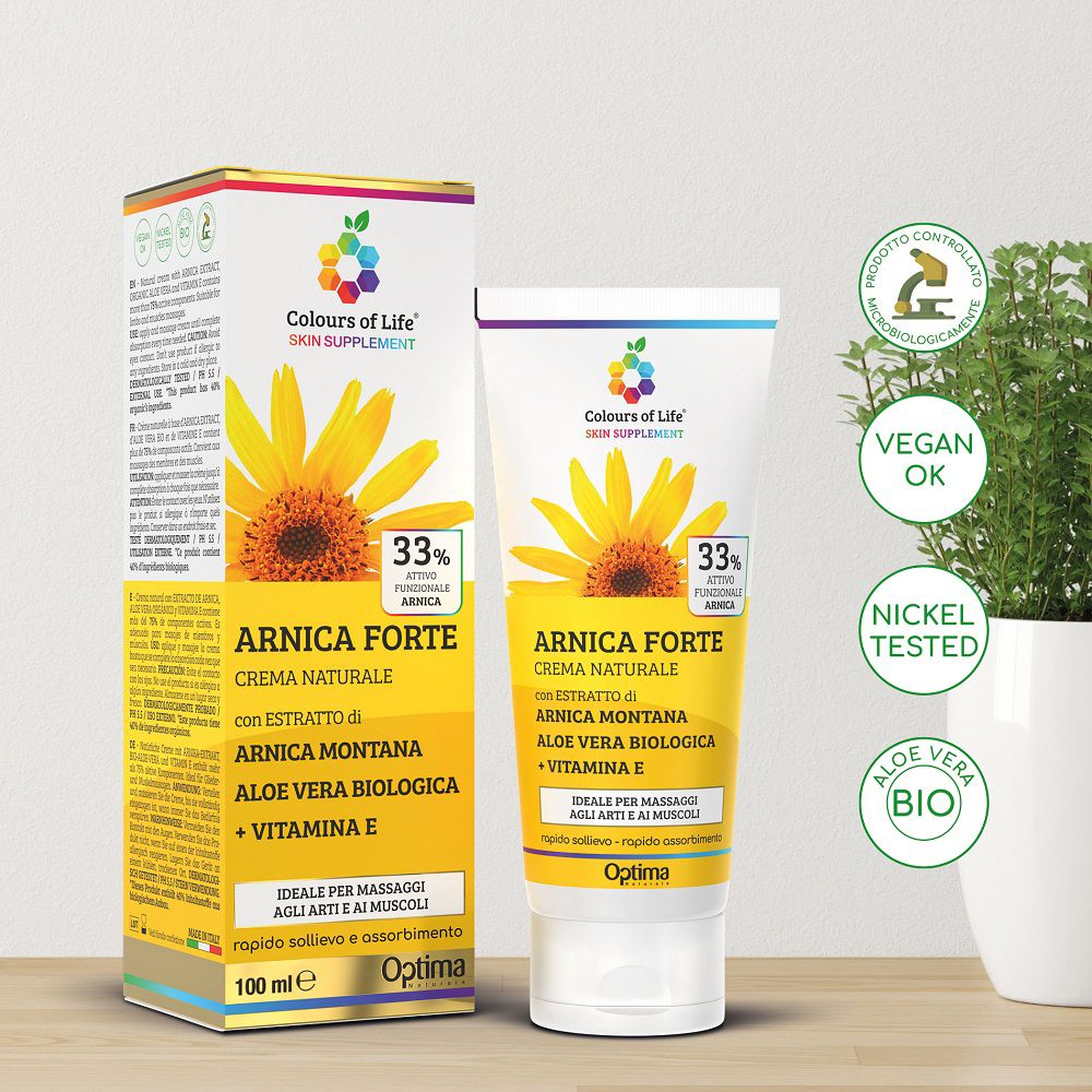 Crema Arnica con scatola, vegan e testata al nichel. Con sigilli per ingredienti biologici.