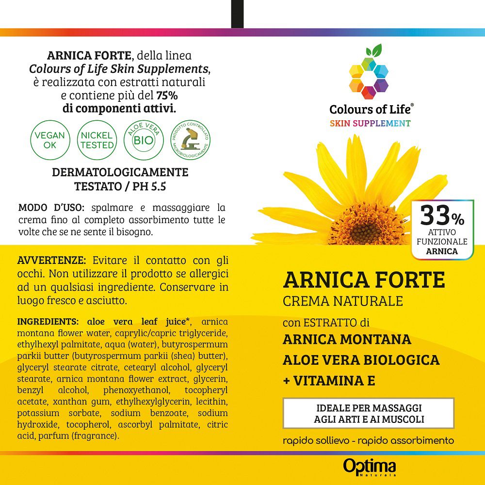Retro della confezione della crema Arnica con ingredienti, istruzioni e certificazioni.