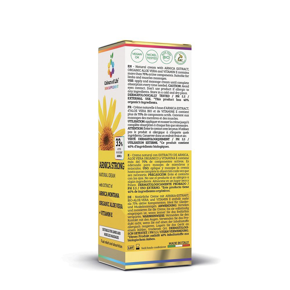 Vista laterale della confezione della crema Arnica con informazioni dettagliate e sigilli.