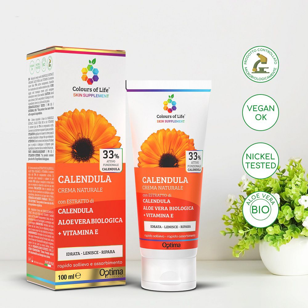 Optima Calendula Crema con sigilli: Vegan, Nickel Tested, Bio, testato dermatologicamente.