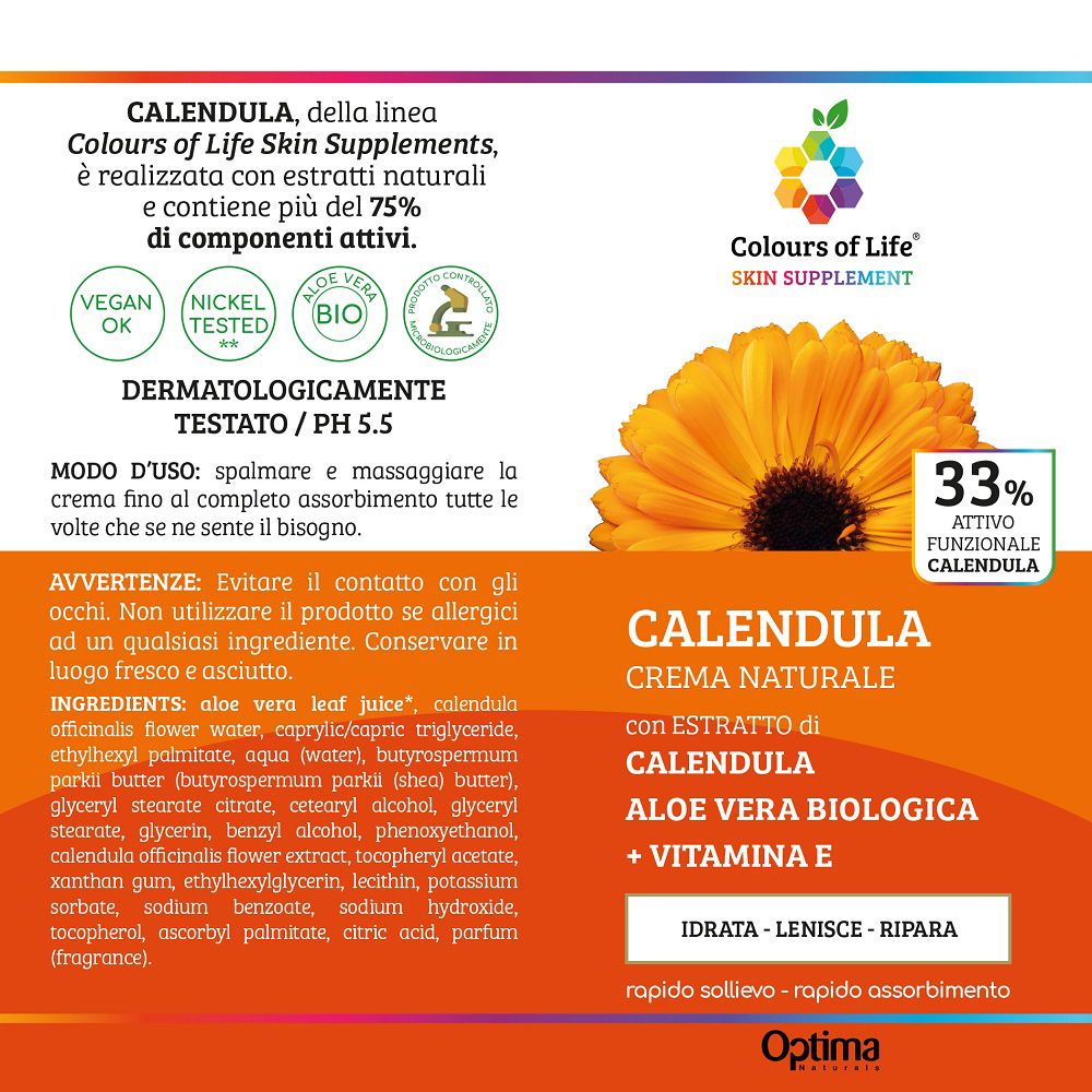 Retro della confezione Optima Calendula Crema con ingredienti e istruzioni.