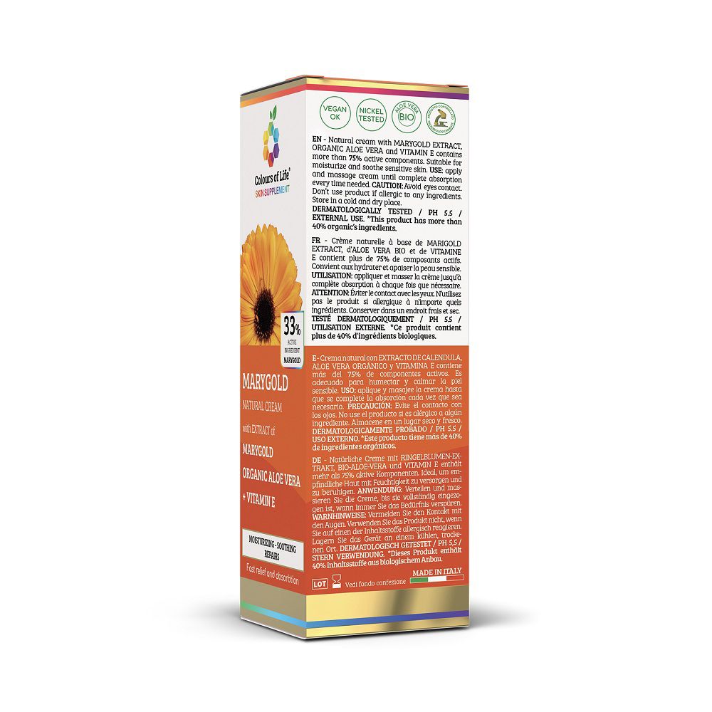 Vista laterale della scatola Optima Calendula Crema con informazioni dettagliate.