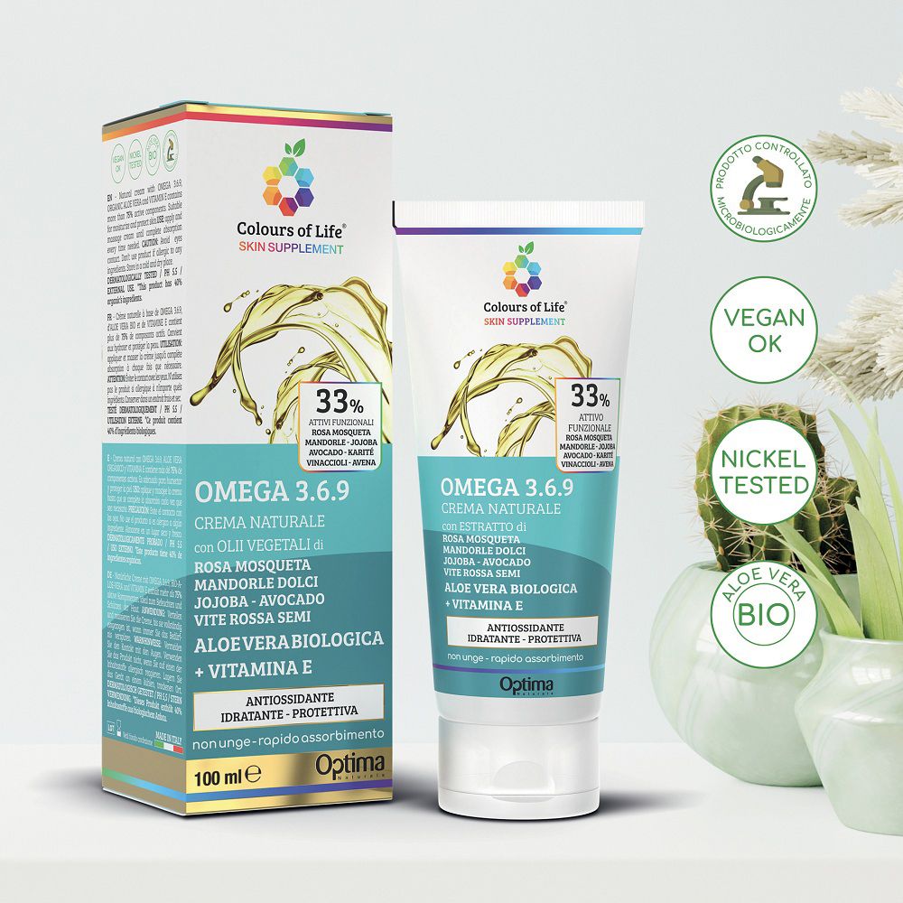 Crema Colours of Life Omega 3.6.9: Vegan, Nickel Tested, Aloe Vera Bio. Con scatola e tubo.