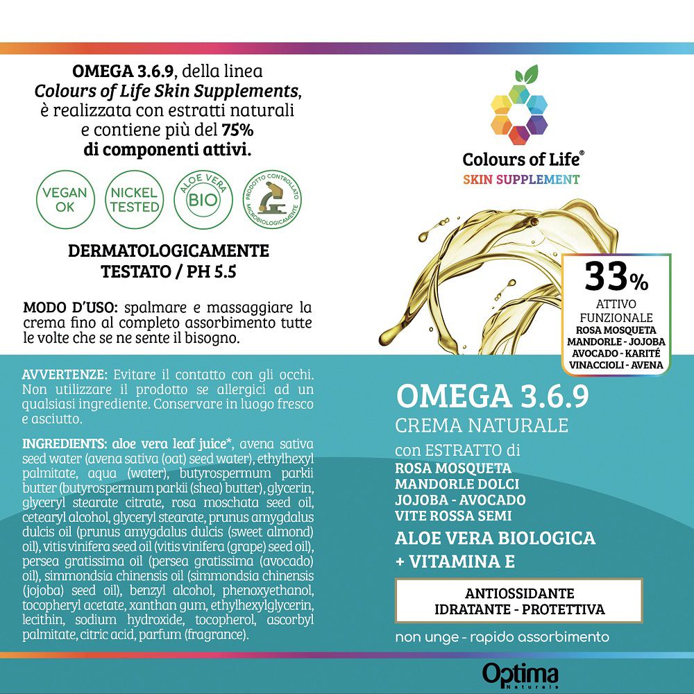 Retro della confezione della crema Colours of Life Omega 3.6.9. Testato dermatologicamente, pH 5.5.