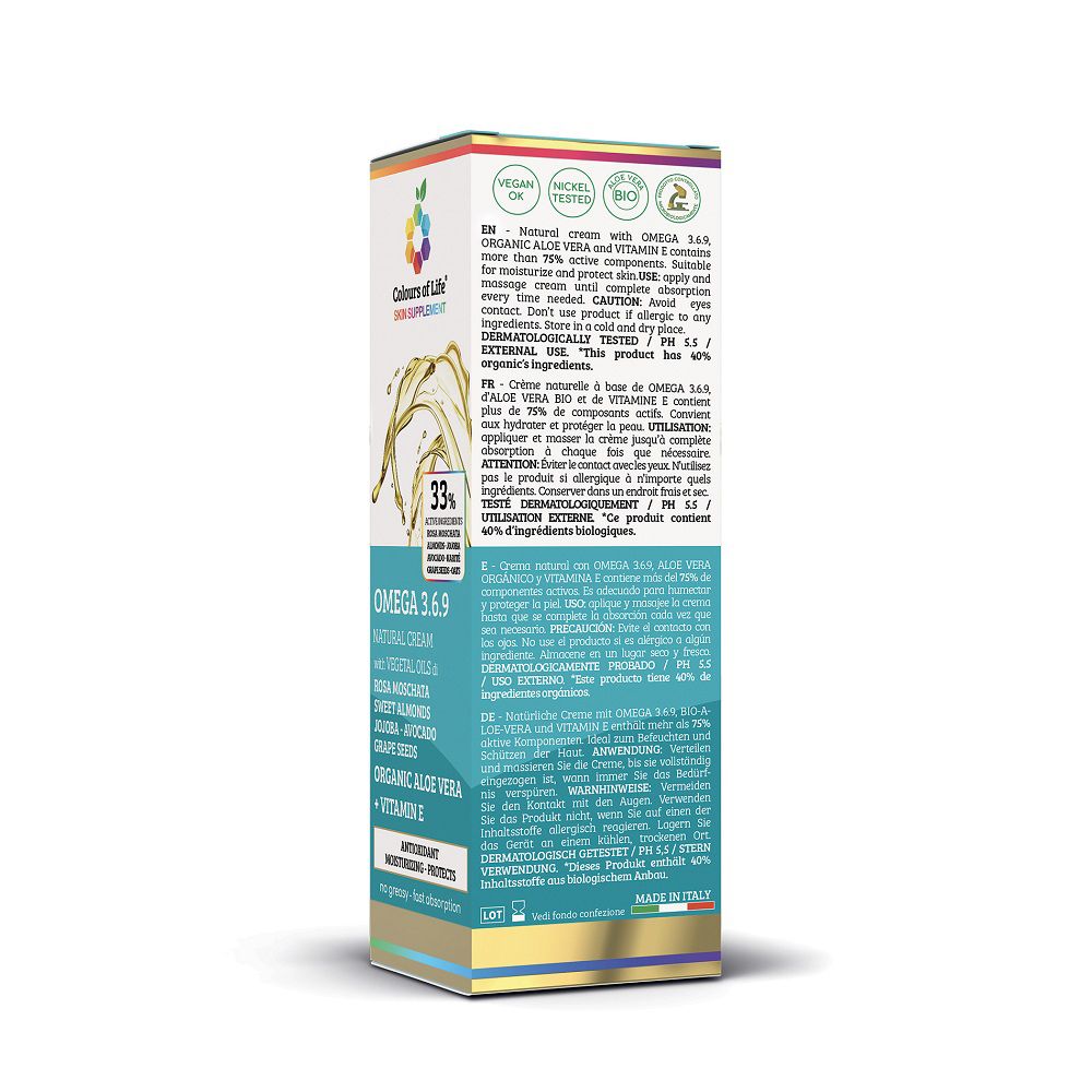 Vista laterale della confezione della crema Colours of Life Omega 3.6.9. Prodotto in Italia.