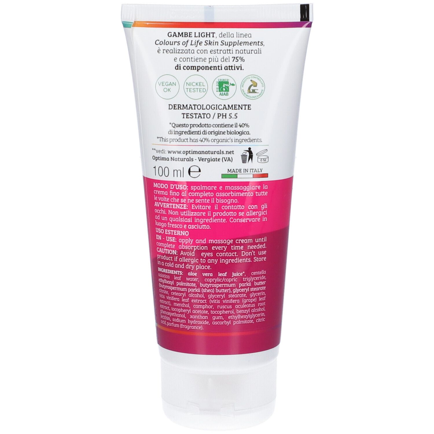 Retro del tubo di crema. Testo con ingredienti, utilizzo e certificazioni. Colori: bianco, rosa.