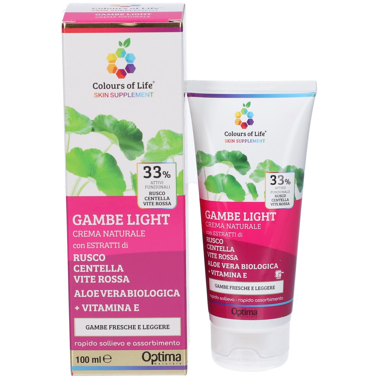 Confezione del prodotto: tubo di crema e scatola. Colori: bianco, rosa, verde. Marchio: Colours of Life. Testo: Gambe Light.