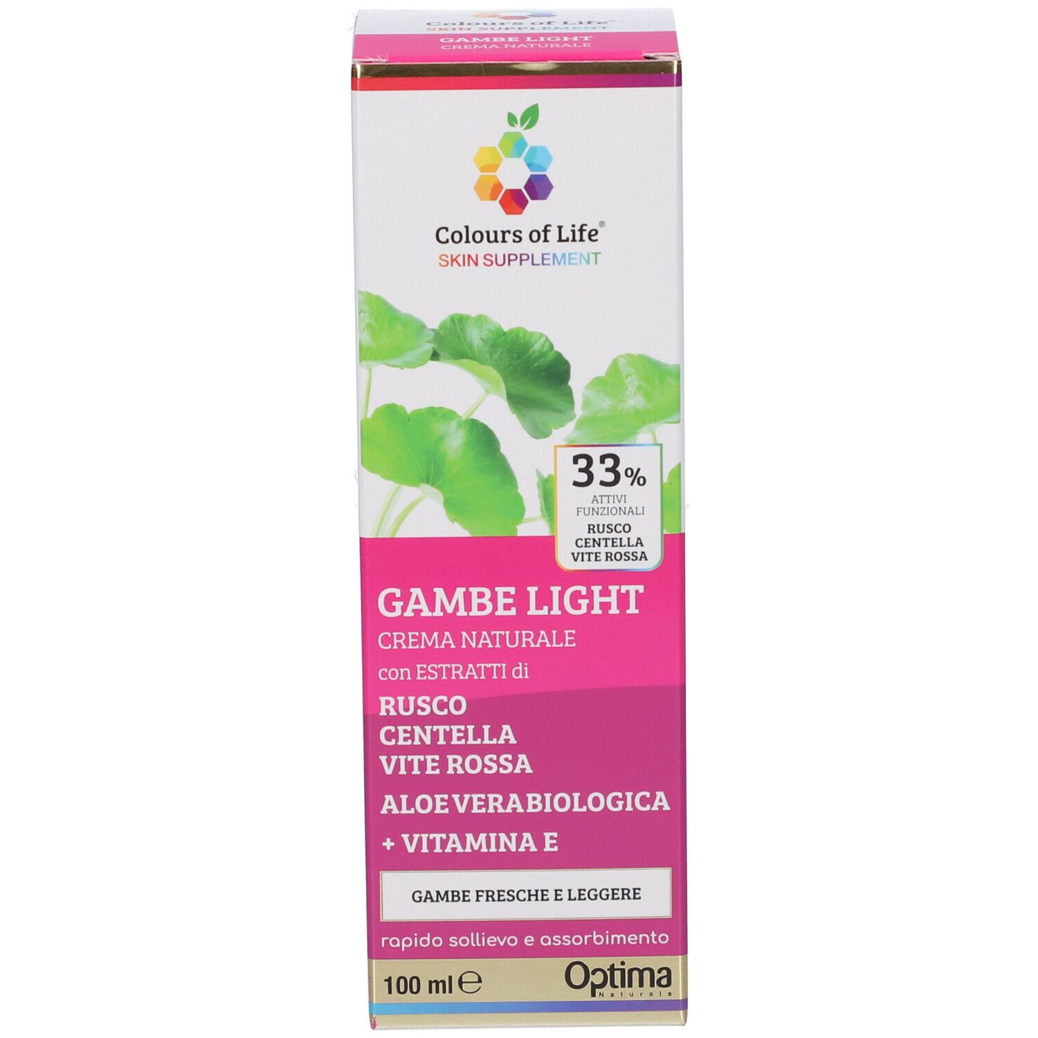 Confezione del prodotto: scatola con informazioni. Colori: bianco, rosa, verde. Marchio: Colours of Life. Testo: Gambe Light.
