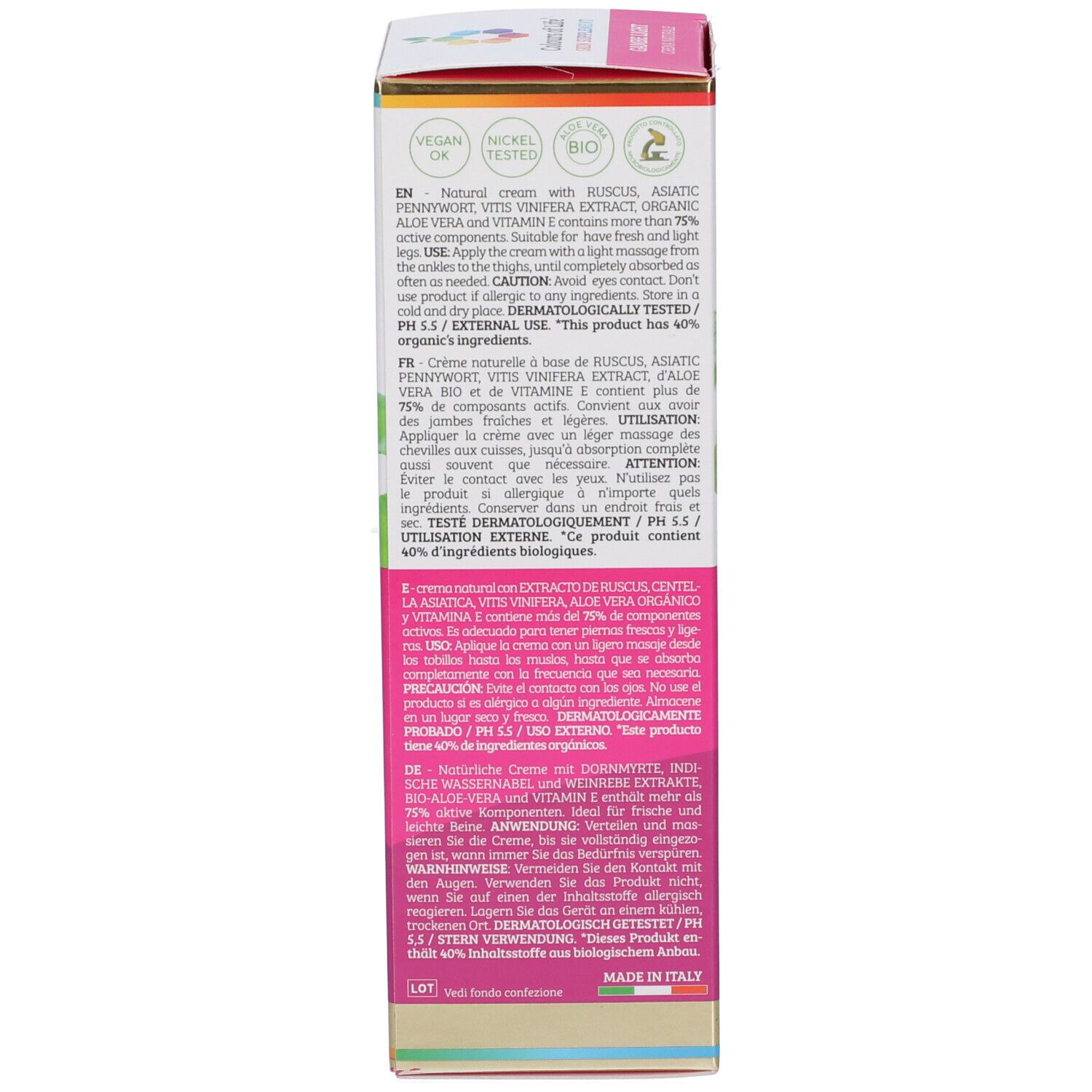 Scatola con informazioni sul prodotto. Testo in inglese, francese, italiano e tedesco. Colori: bianco, rosa.