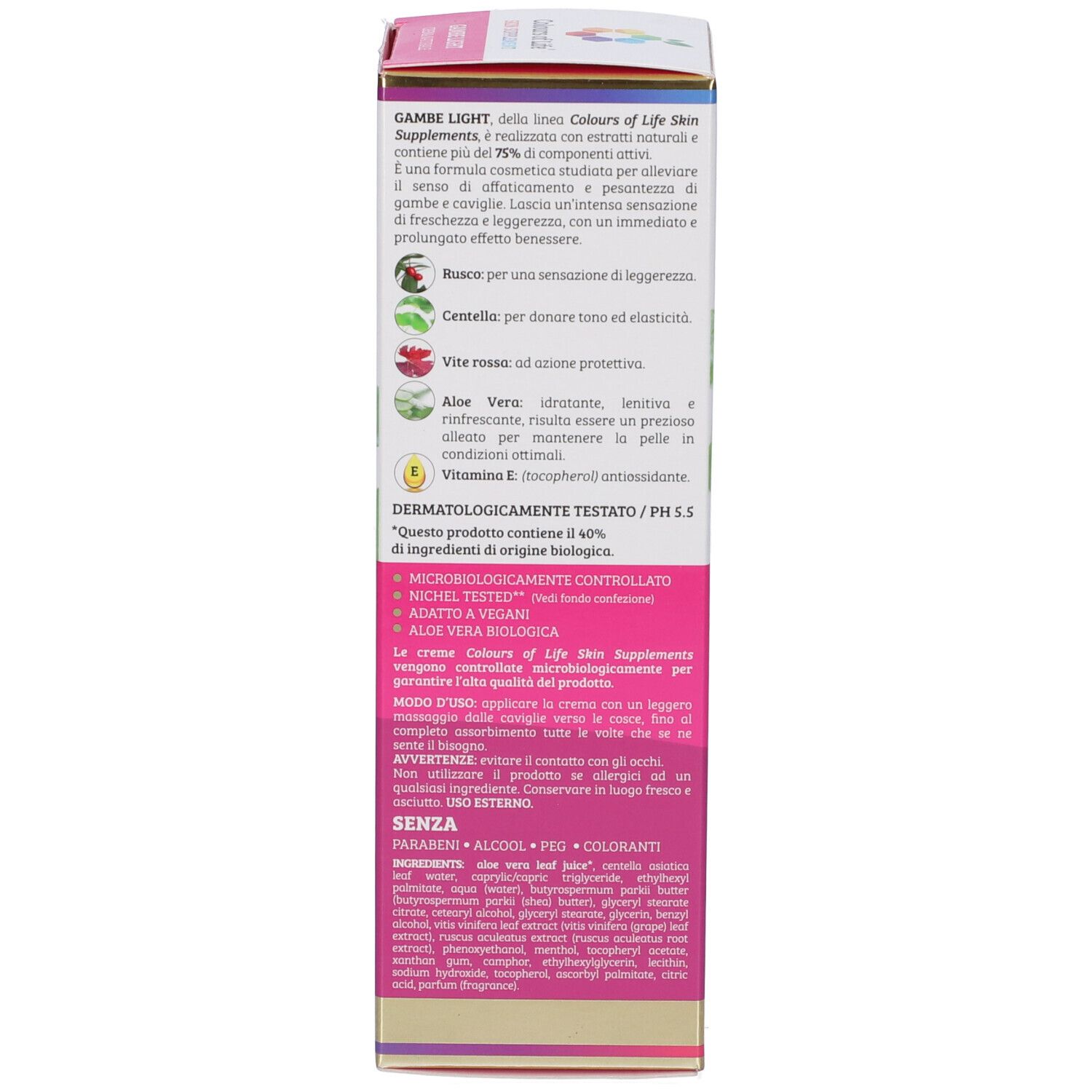 Retro della confezione del prodotto. Testo con ingredienti, utilizzo e certificazioni. Colori: bianco, rosa.