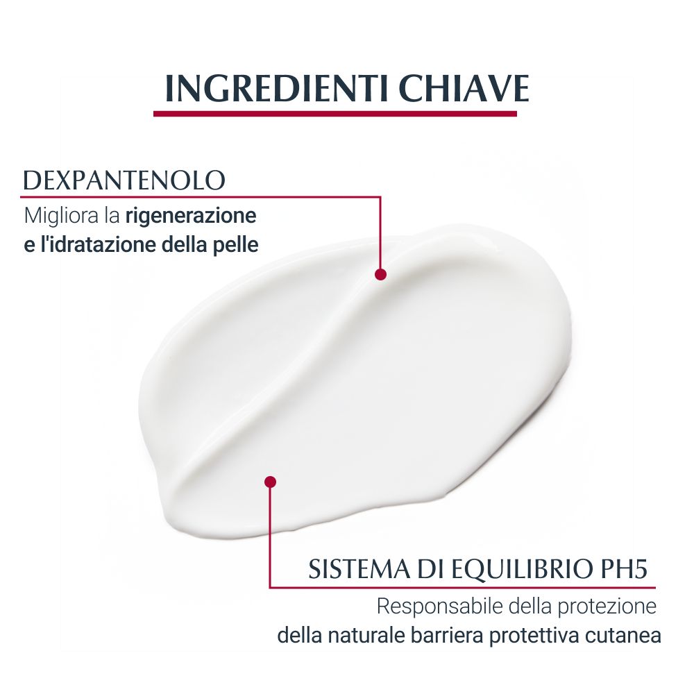 Primo piano della crema. Testo: Dexpantenolo, migliora la rigenerazione della pelle. Sistema di equilibrio pH5.