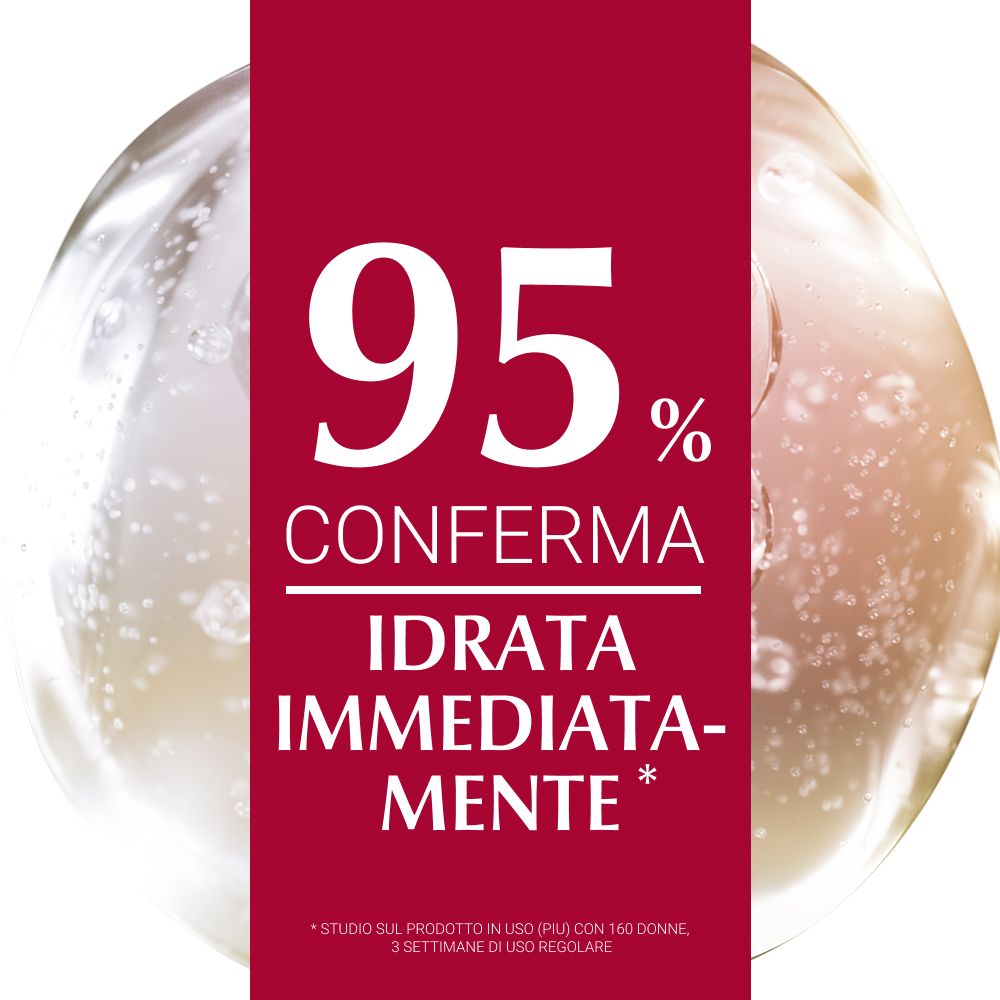 Testo su sfondo rosso: 95% confermano idratazione immediata.