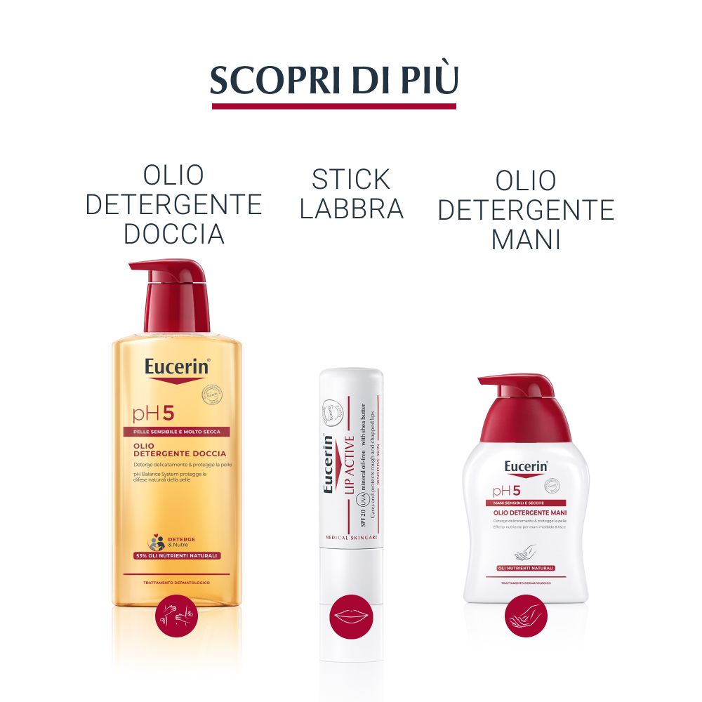 Tre prodotti: olio doccia, rossetto, olio lavante mani. Tutti con Eucerin pH5.