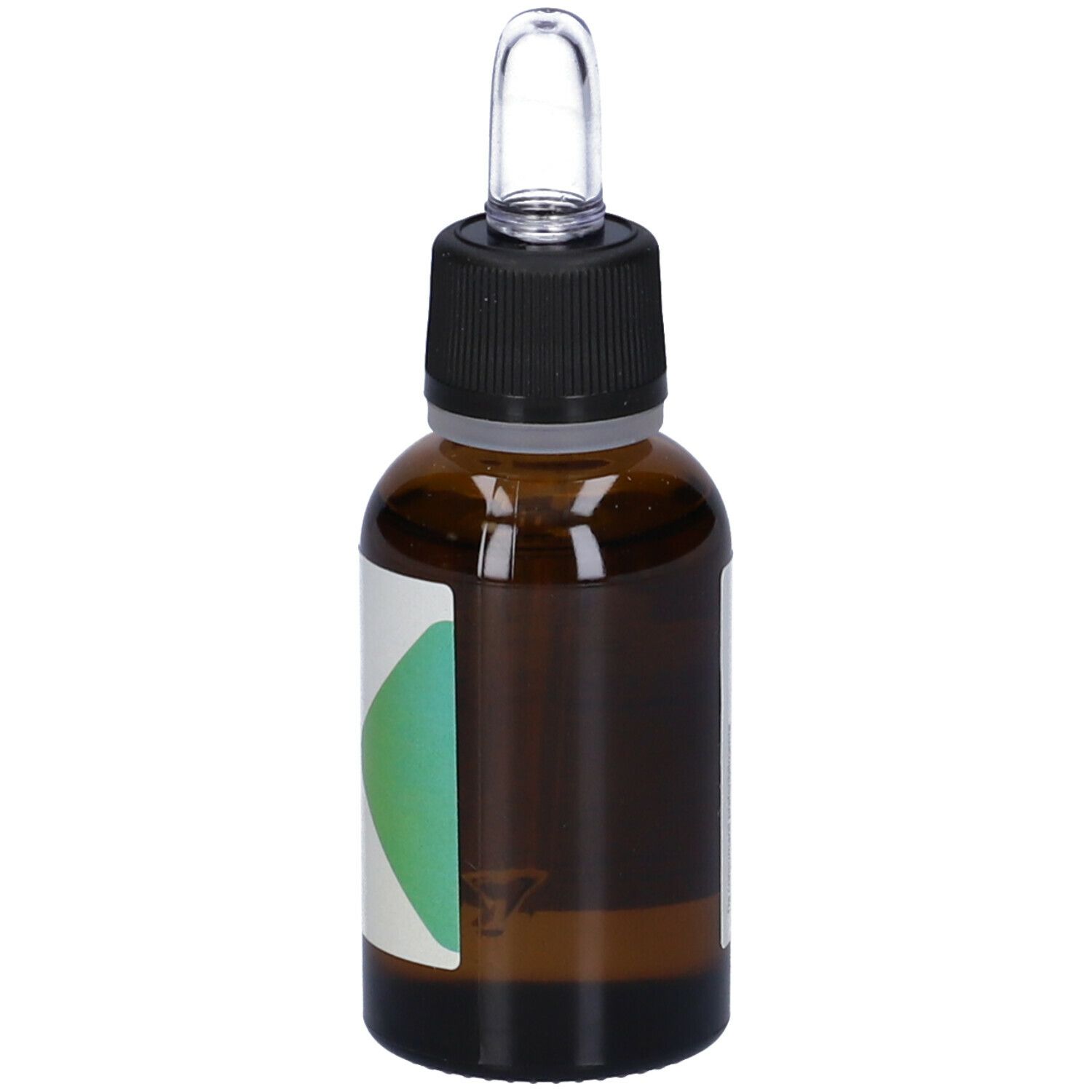 Flacone di vetro marrone con tappo nero e pipetta. Etichetta con design verde e testo. Integratore di vitamina D.