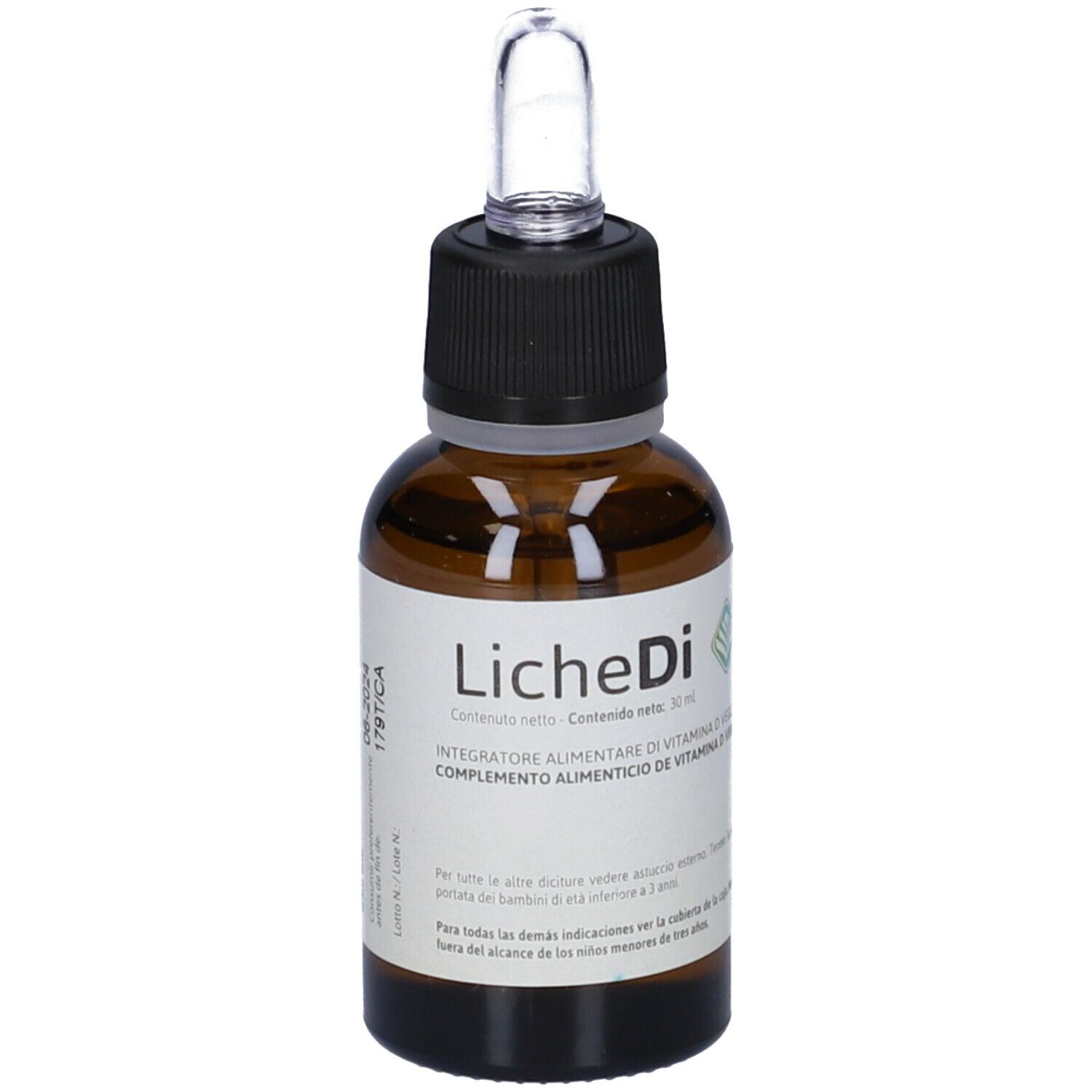 Flacone di vetro marrone con tappo nero e pipetta. Etichetta con nome del prodotto e testo. Integratore di vitamina D.