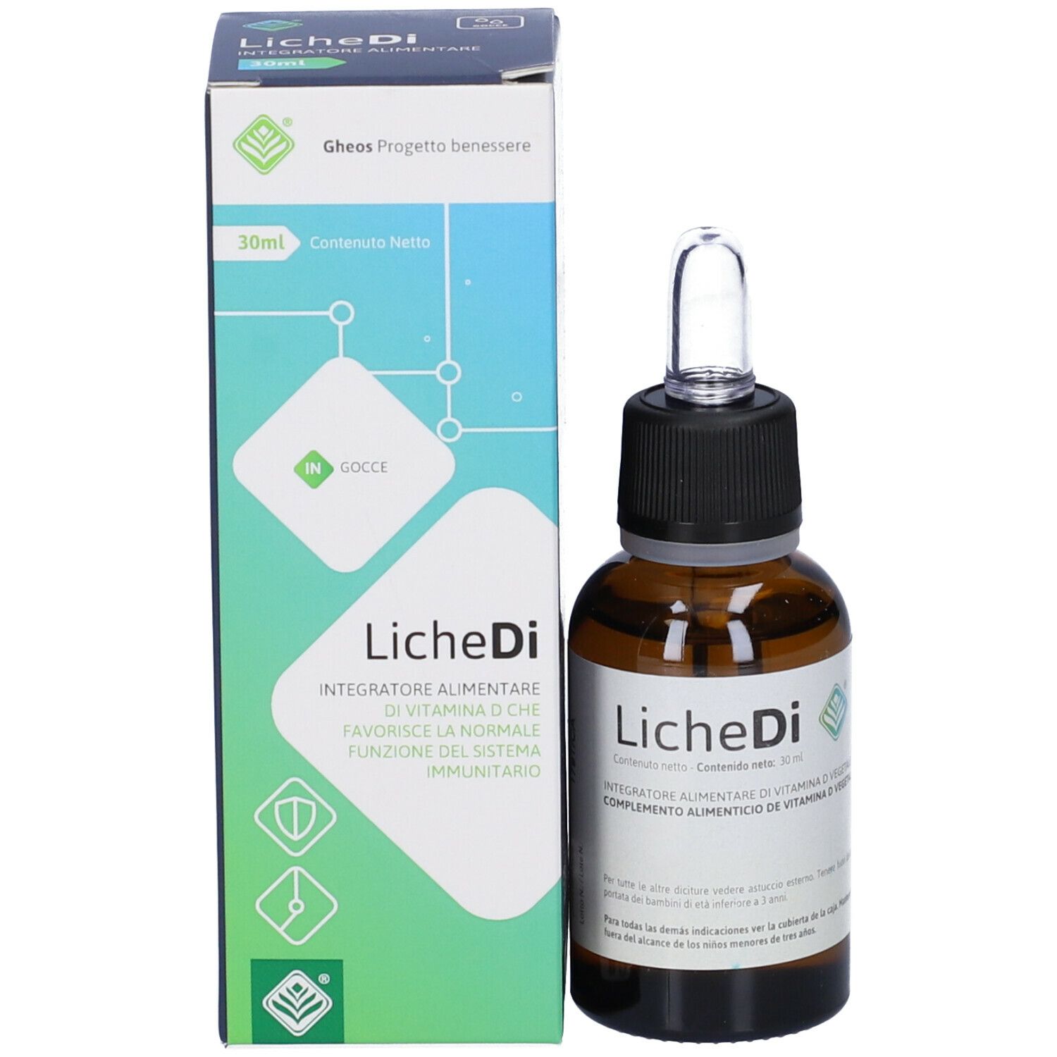 Confezione del prodotto con flacone e scatola. Flacone con pipetta. Scatola con nome del prodotto e testo. Integratore di vitamina D.