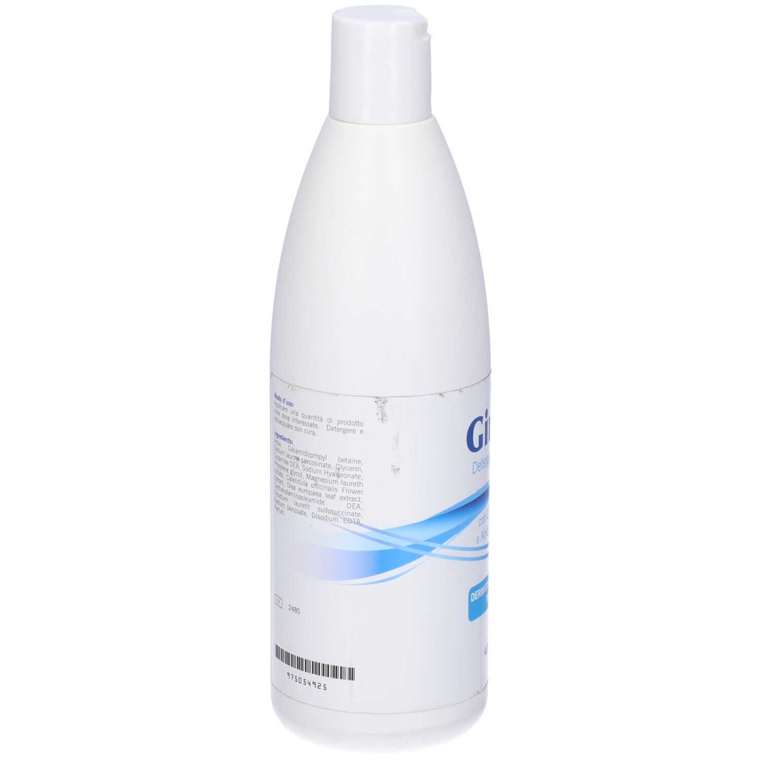 Retro di un flacone bianco. Testo con ingredienti e avvertenze. Codice a barre in basso. Logo Ginoil e linea blu.