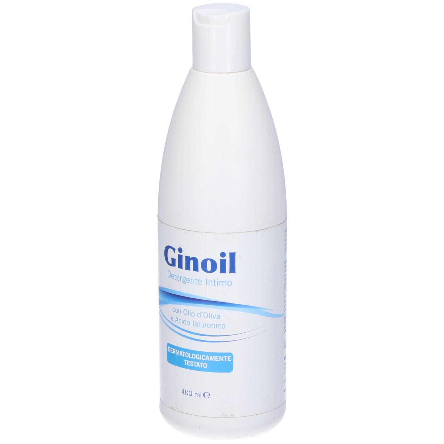 Flacone bianco con etichetta blu. Scritto: Ginoil, Detergente Intimo. Con olio d'oliva e acido ialuronico. Dermatologicamente testato. 400 ml.