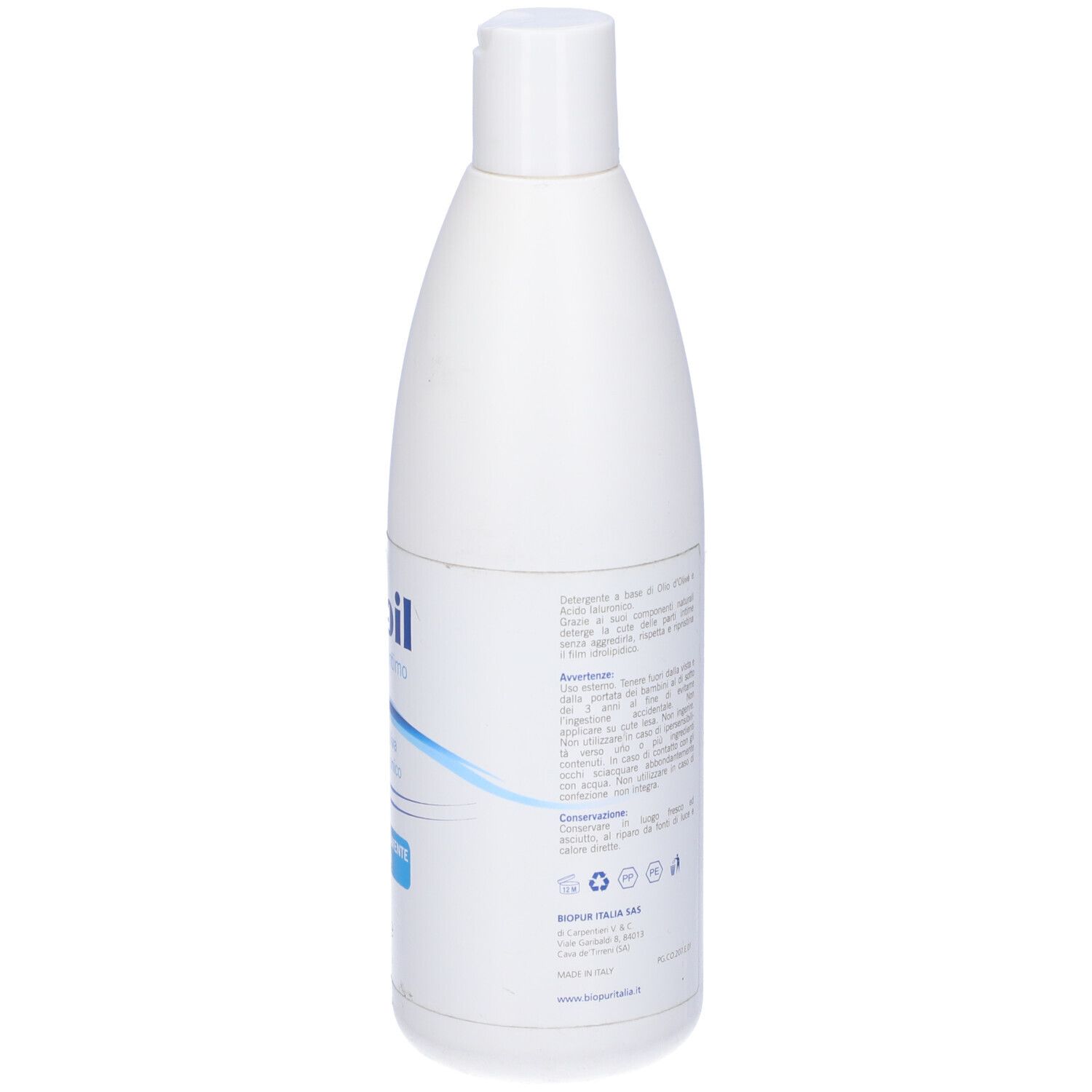 Retro di un flacone bianco. Testo con ingredienti e avvertenze. Logo Ginoil e linea blu. Simboli.