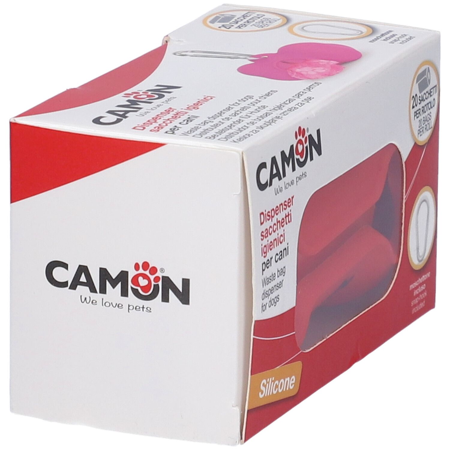 Confezione del dispenser sacchetti igienici per cani. Dispenser in silicone rosso. Marchio CAMON. Contiene 20 sacchetti per rotolo.