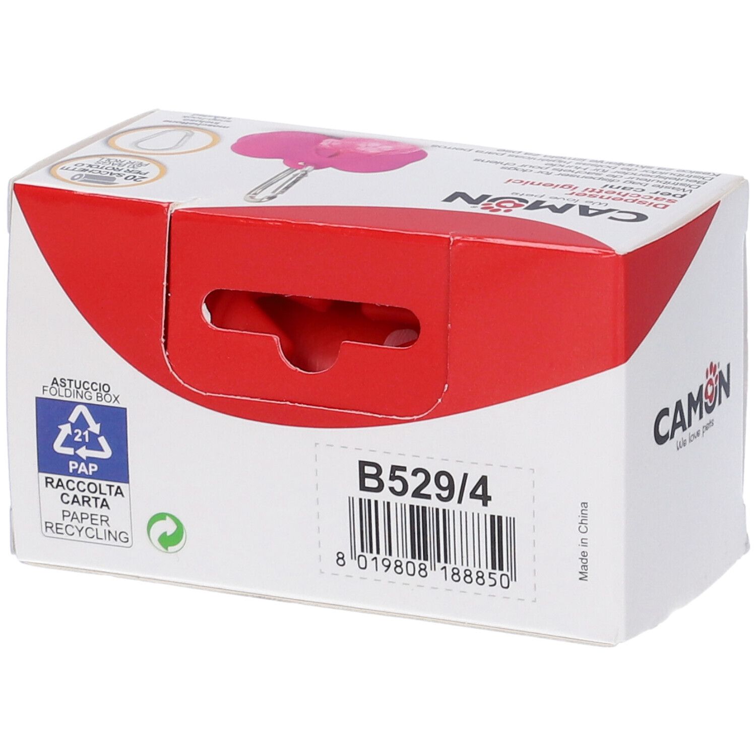 Retro della confezione del dispenser sacchetti igienici. Marchio CAMON. Contiene simbolo di riciclo e codice a barre.