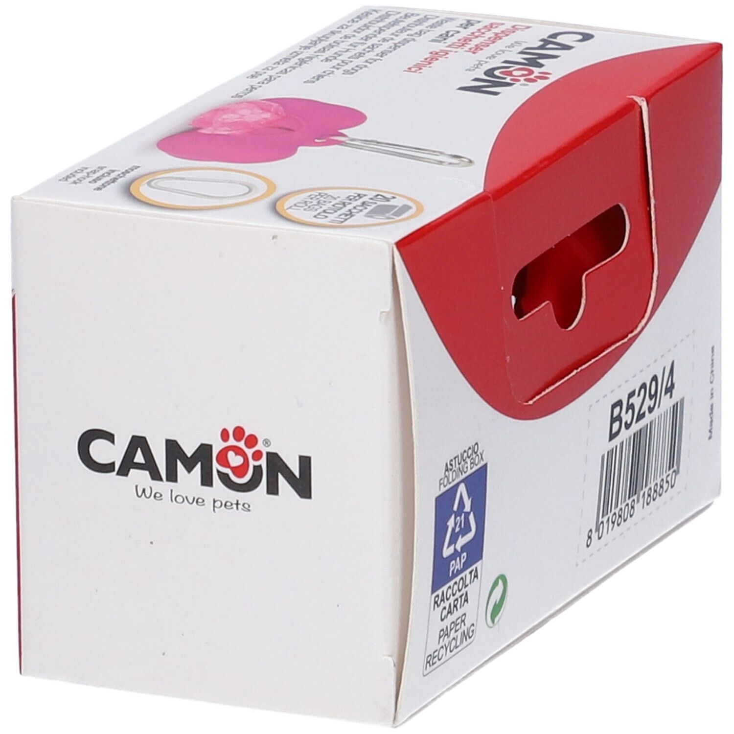 Confezione del dispenser sacchetti igienici. Marchio CAMON. Dispenser in silicone rosso. Simbolo di riciclo e codice a barre.