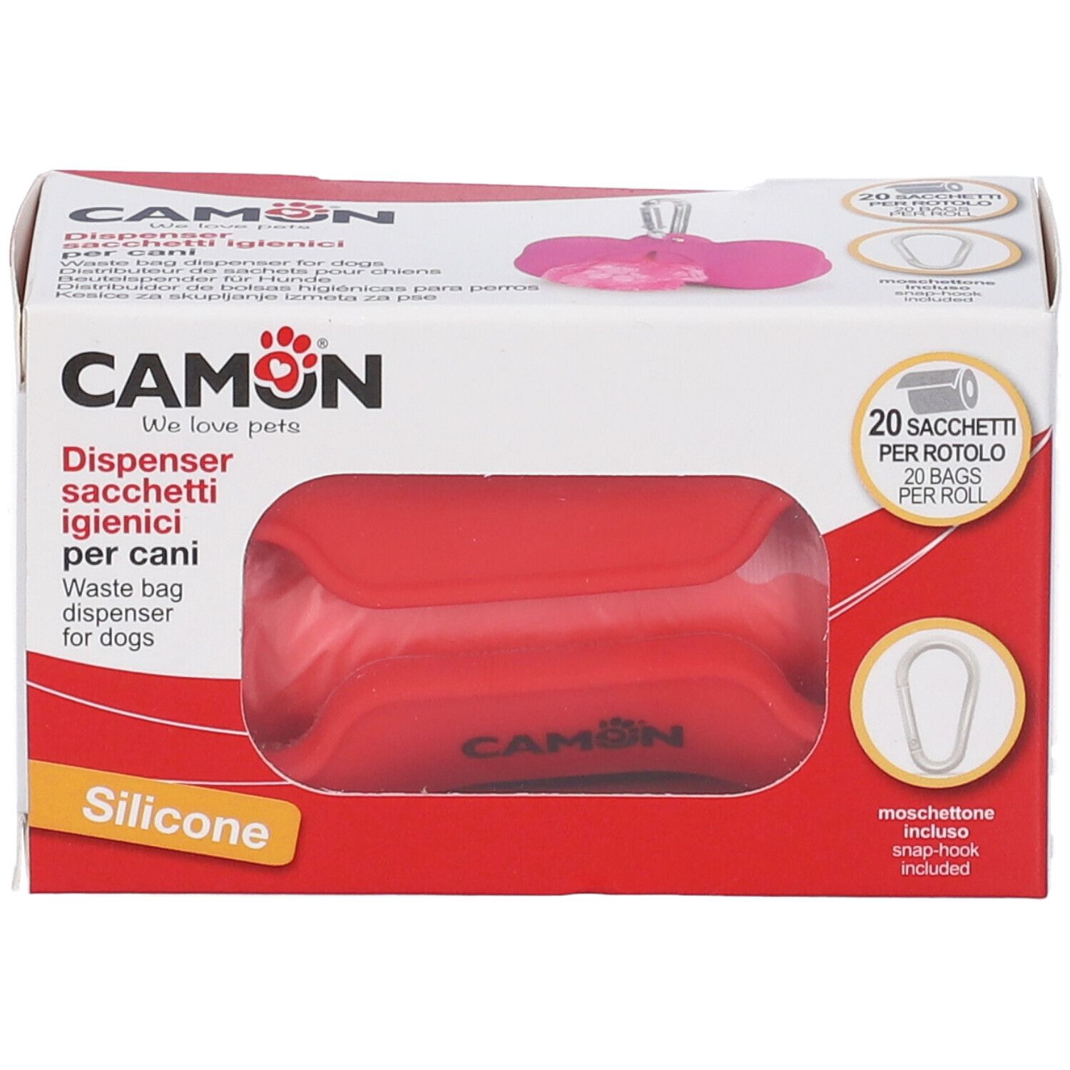 Confezione dispenser sacchetti igienici per cani. Dispenser in silicone rosso. Marchio CAMON. 20 sacchetti per rotolo. Moschettone.