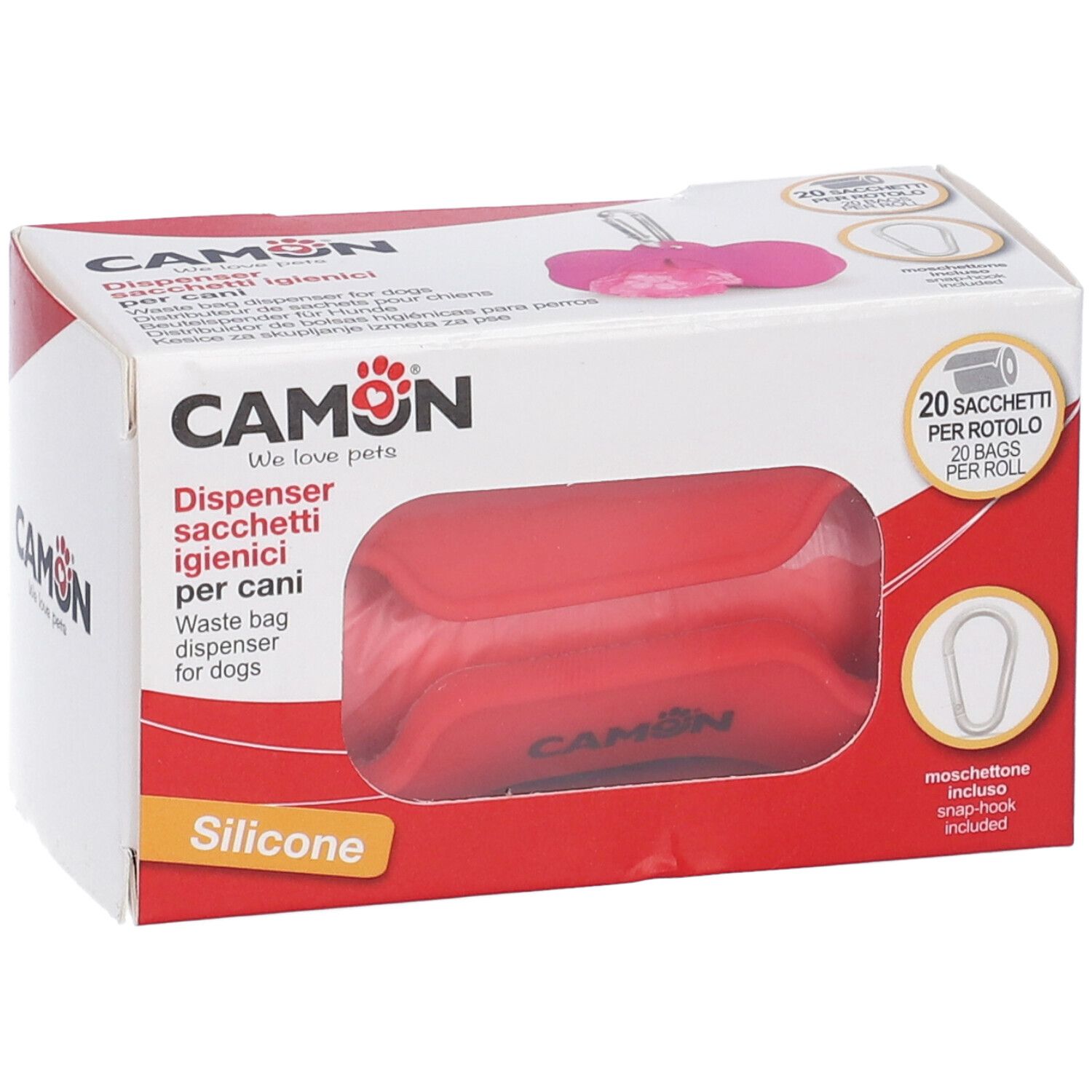 Confezione dispenser sacchetti igienici per cani. Dispenser in silicone rosso. Marchio CAMON. 20 sacchetti per rotolo. Moschettone.