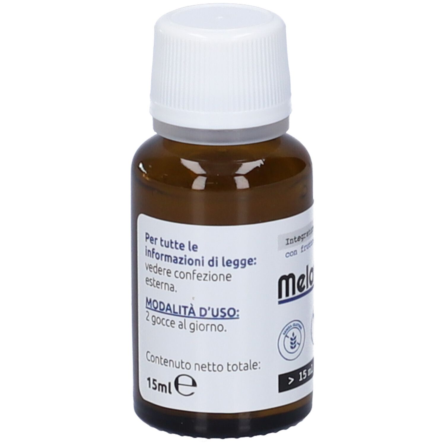 Flacone di vetro marrone con tappo bianco. Etichetta con informazioni sul prodotto e istruzioni per l'uso.