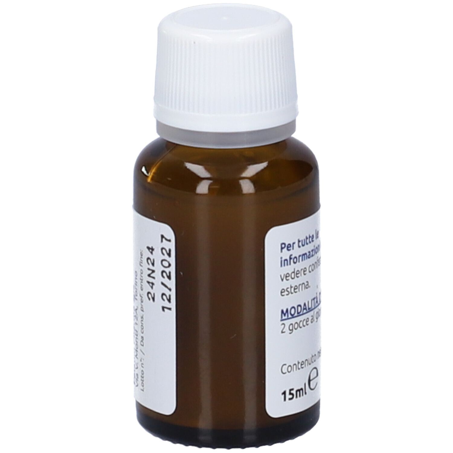 Flacone di vetro marrone con tappo bianco. Etichetta con data di scadenza e numero di lotto.