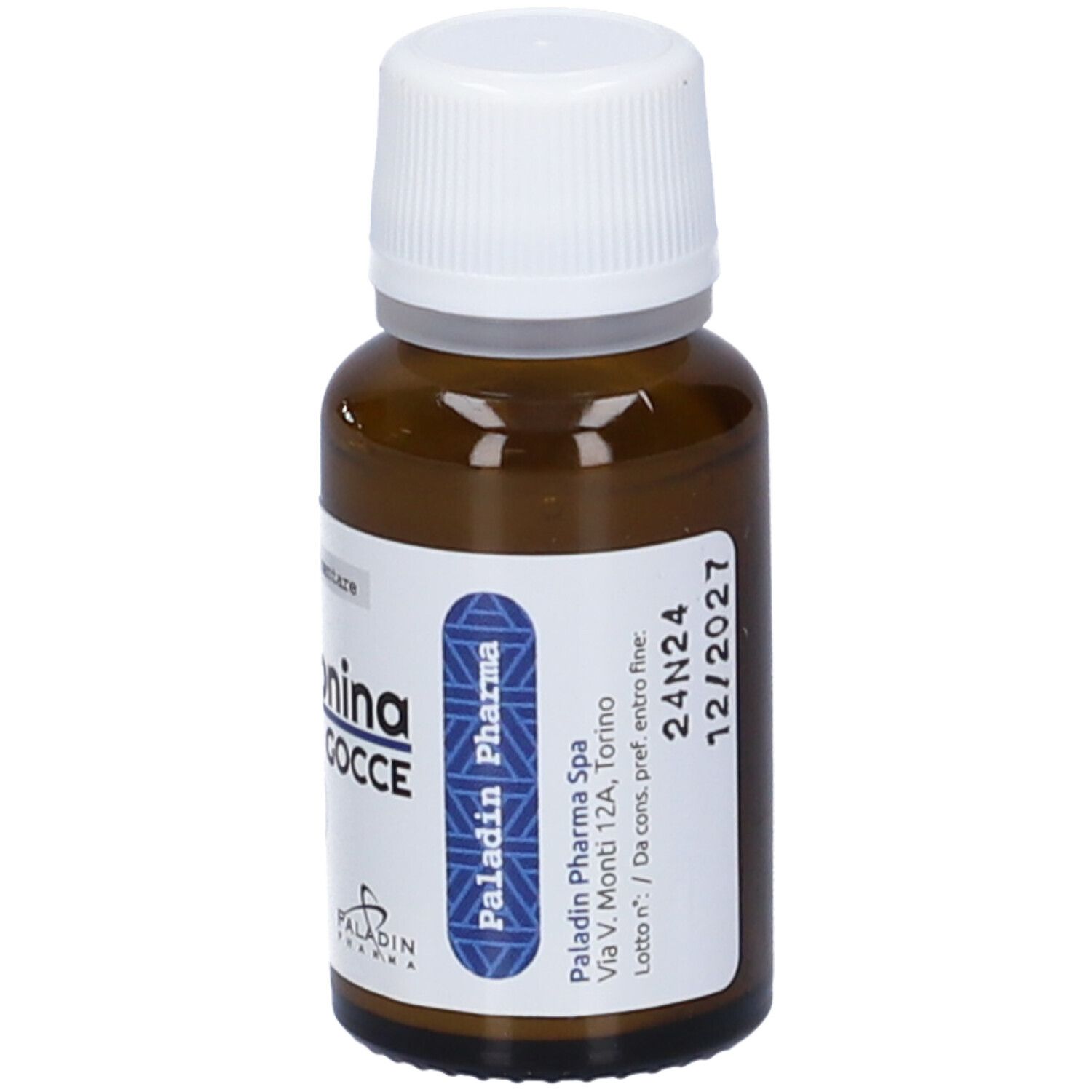 Flacone di vetro marrone con tappo bianco. Etichetta con nome del prodotto, informazioni produttore e scadenza.