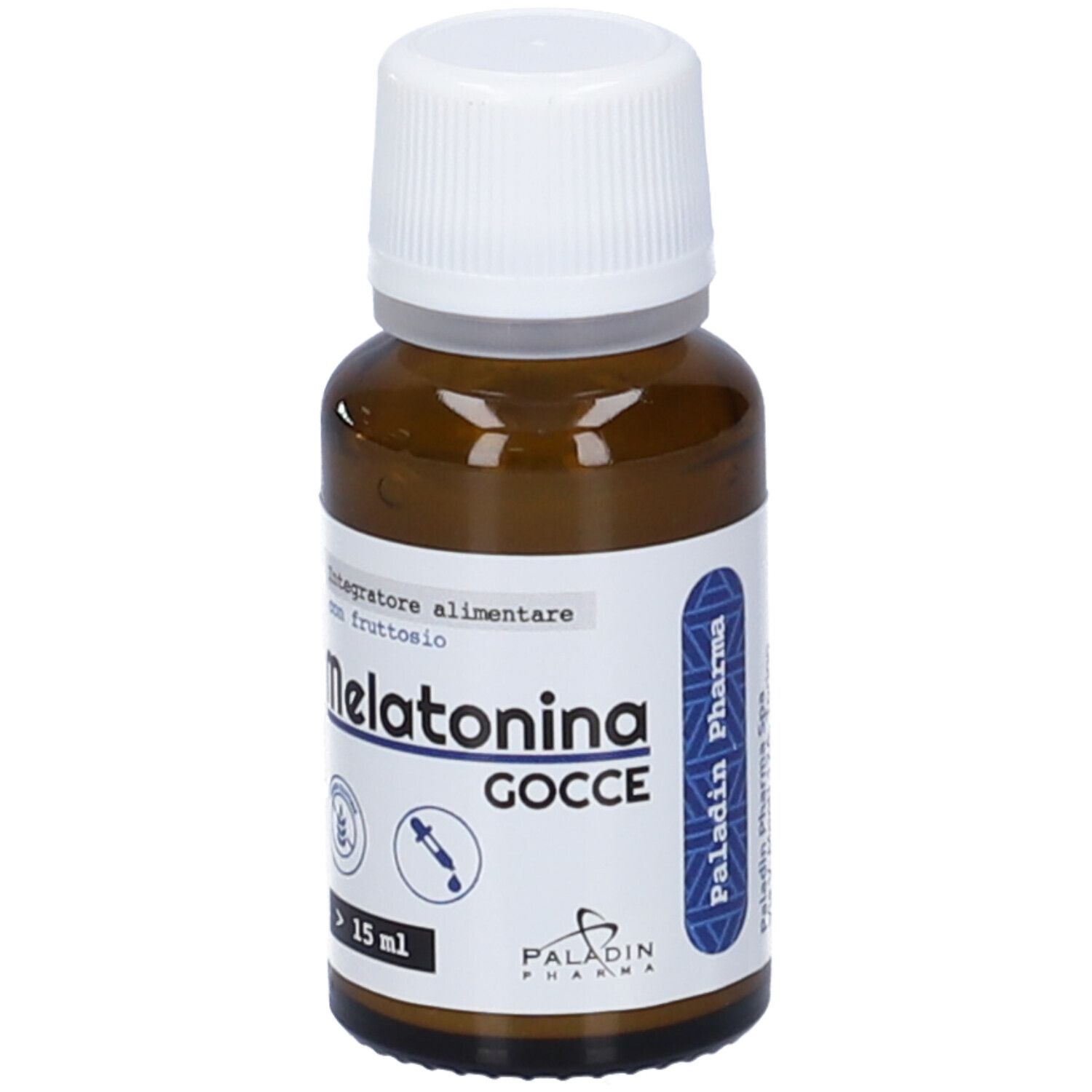 Flacone di vetro marrone con tappo bianco. Etichetta con nome del prodotto e informazioni. Simbolo contagocce.