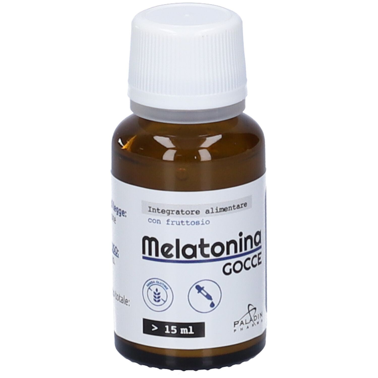 Flacone di vetro marrone con tappo bianco. Etichetta con nome del prodotto e informazioni. Simbolo contagocce.