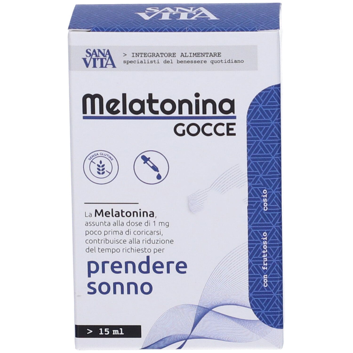 Confezione bianca del prodotto con nome e informazioni. Motivi a onde blu.