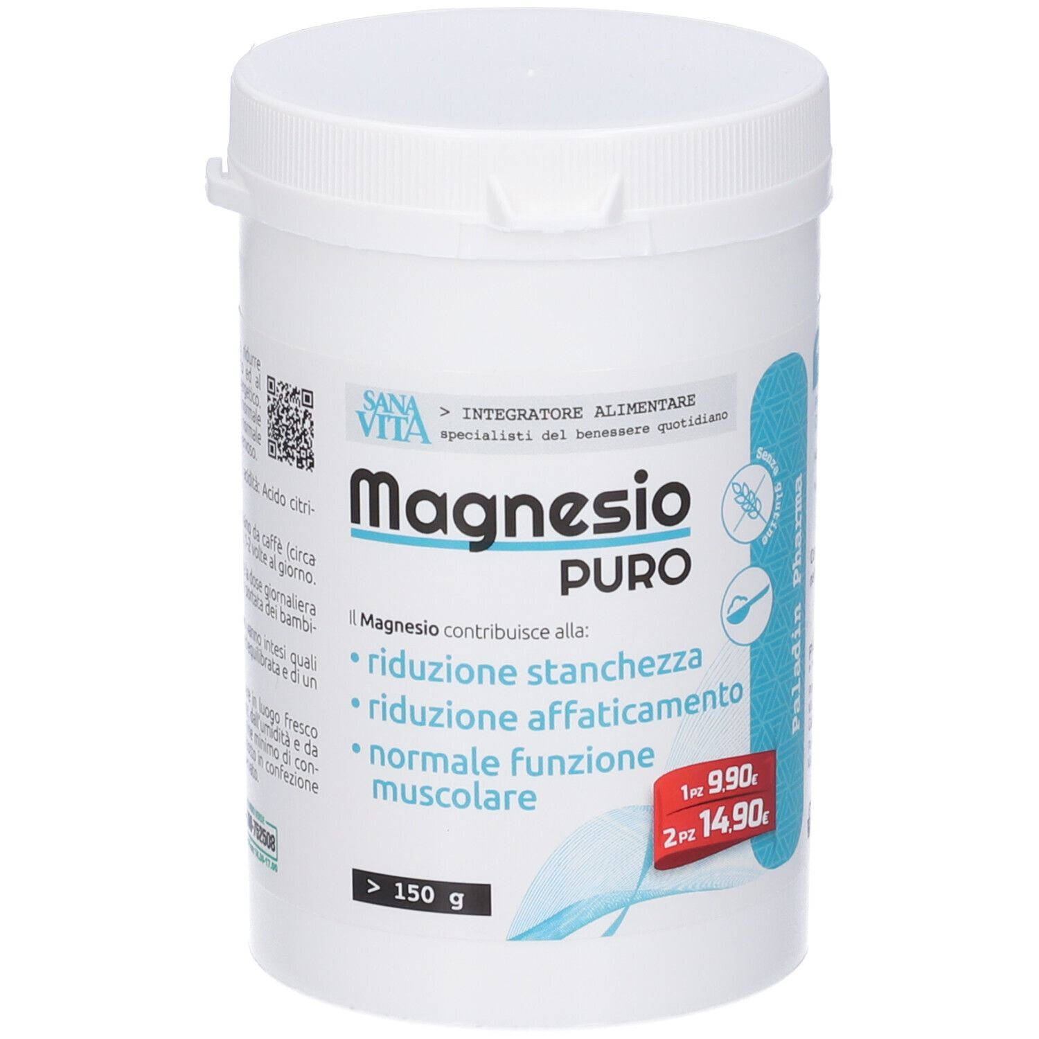Contenitore bianco SanaVita Magnesio Pure Polvere. Etichetta prodotto con codice QR e testo. Coperchio con chiusura a scatto.