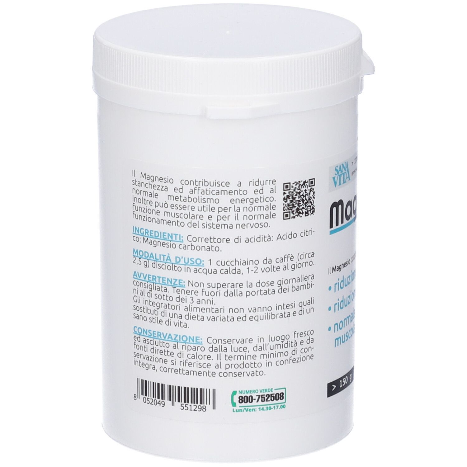 Contenitore bianco SanaVita Magnesio Pure Polvere. Retro con testo e codice QR. Coperchio con chiusura a scatto.
