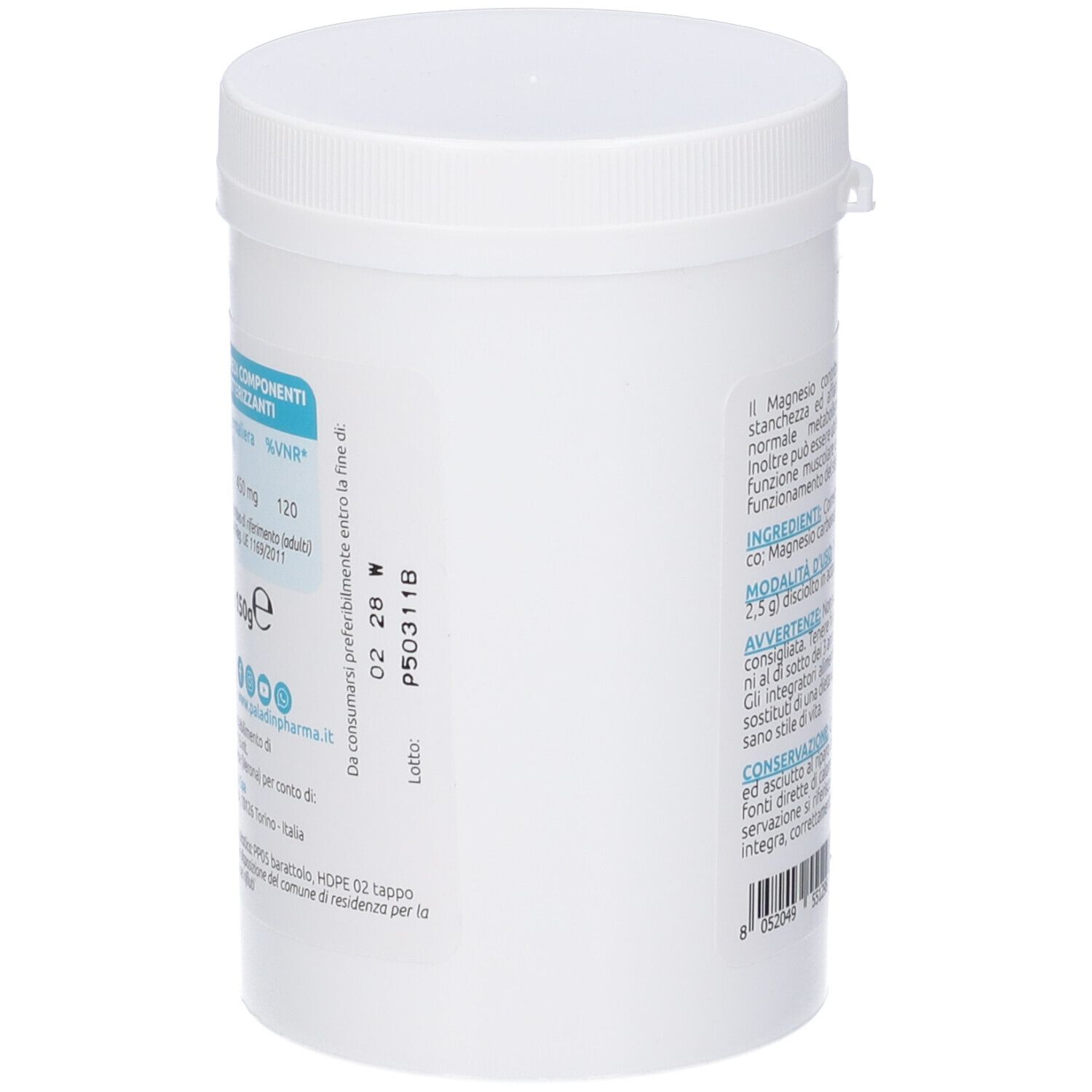 Contenitore bianco SanaVita Magnesio Pure Polvere. Retro con testo. Coperchio con chiusura a scatto. Numero di lotto.