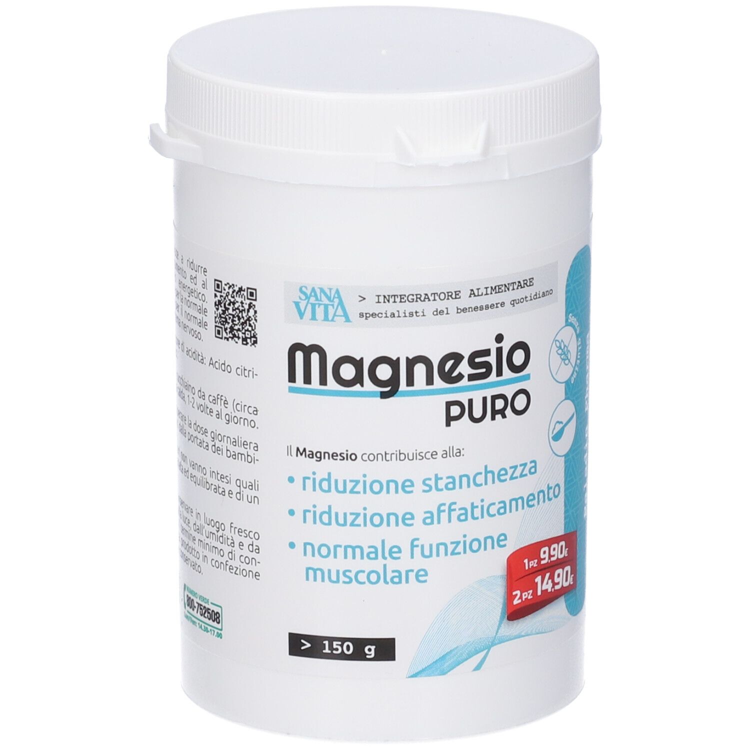 Contenitore bianco SanaVita Magnesio Pure Polvere. Etichetta prodotto con testo. Coperchio con chiusura a scatto.