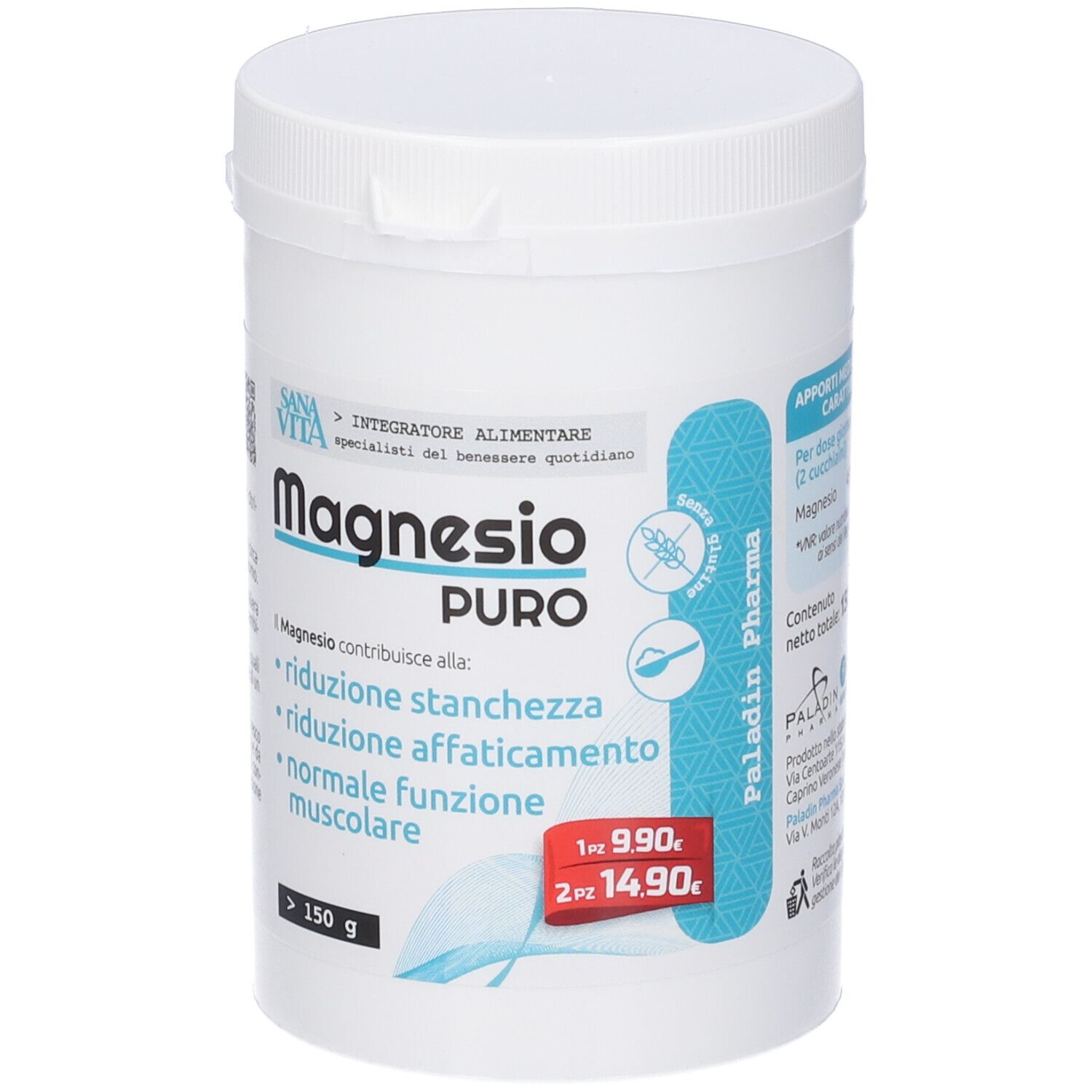 Contenitore bianco SanaVita Magnesio Pure Polvere. Etichetta prodotto con testo e simboli. Coperchio con chiusura a scatto.