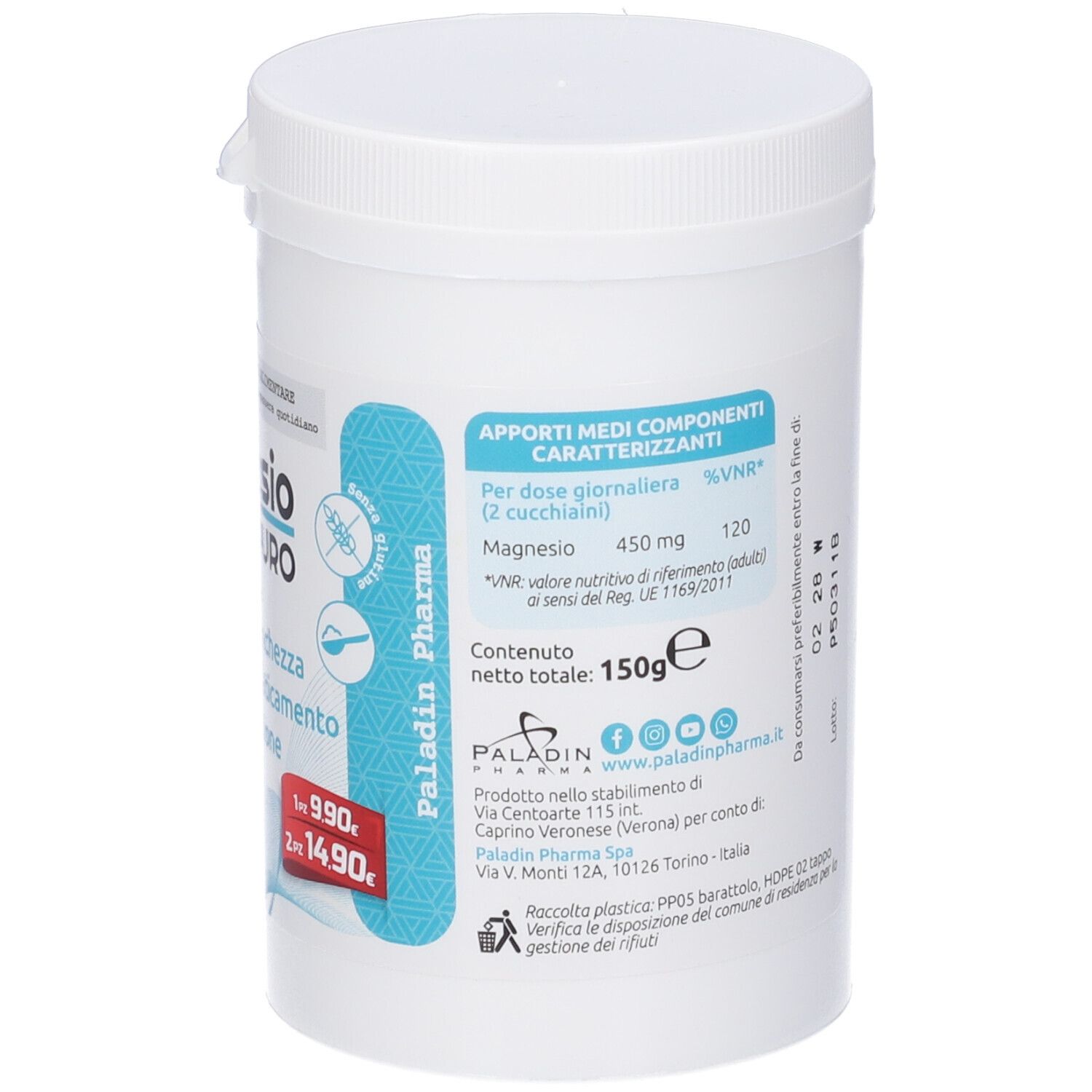 Contenitore bianco SanaVita Magnesio Pure Polvere. Retro con testo e informazioni nutrizionali. Coperchio con chiusura a scatto.