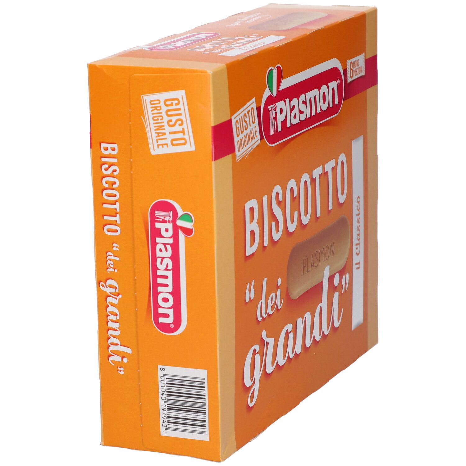 Scatola "Biscotto dei grandi" arancione. Logo Plasmon visibile. Vista laterale con testo e codice a barre.