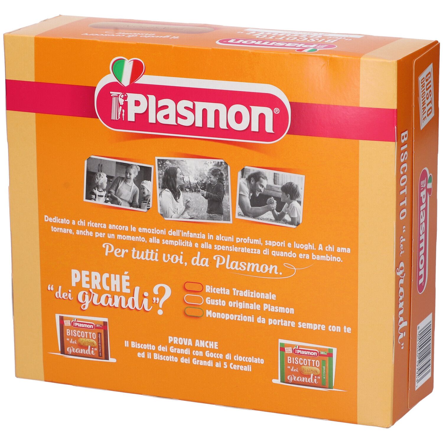 Retro della scatola arancione "Biscotto dei grandi" con logo Plasmon. Testo e immagini di bambini.