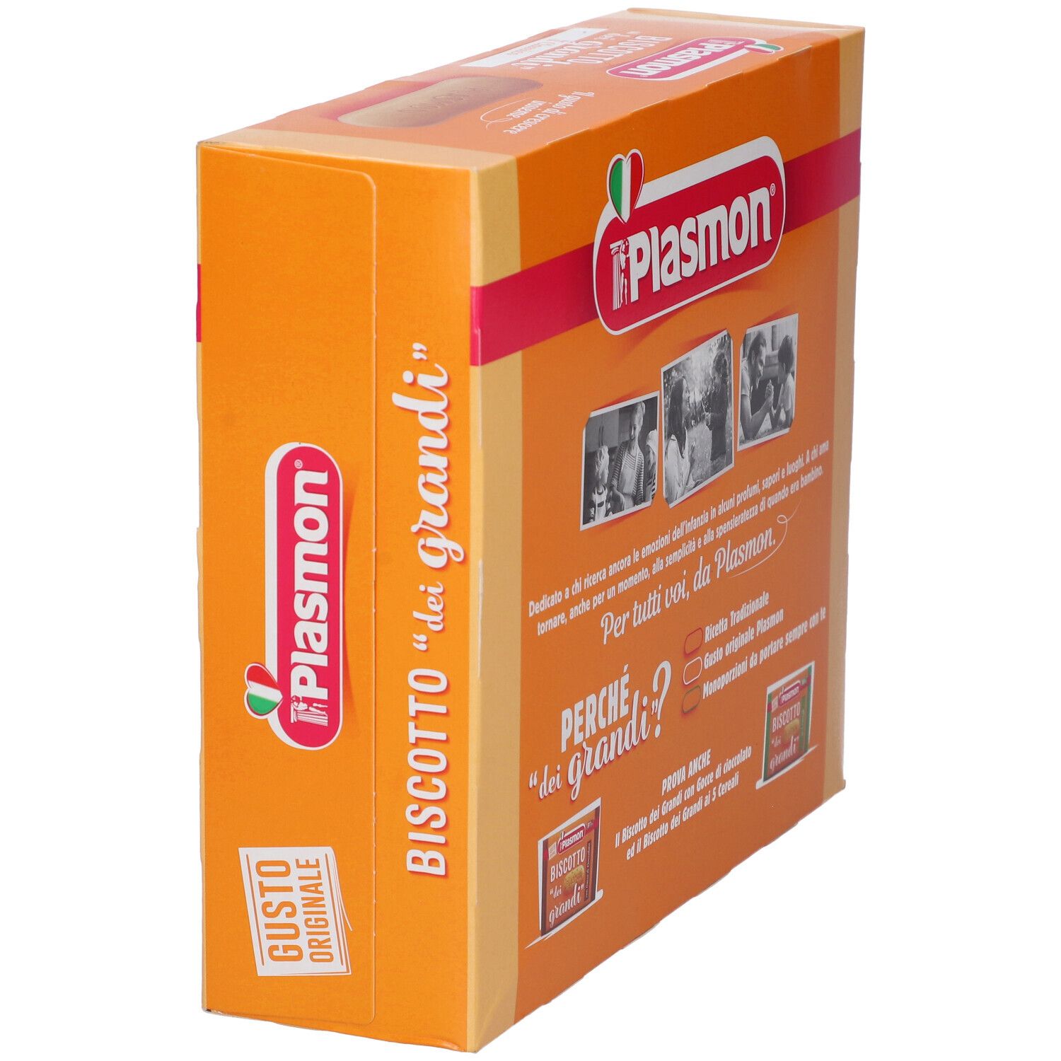 Vista laterale della scatola arancione "Biscotto dei grandi" con logo Plasmon. Testo e immagini.
