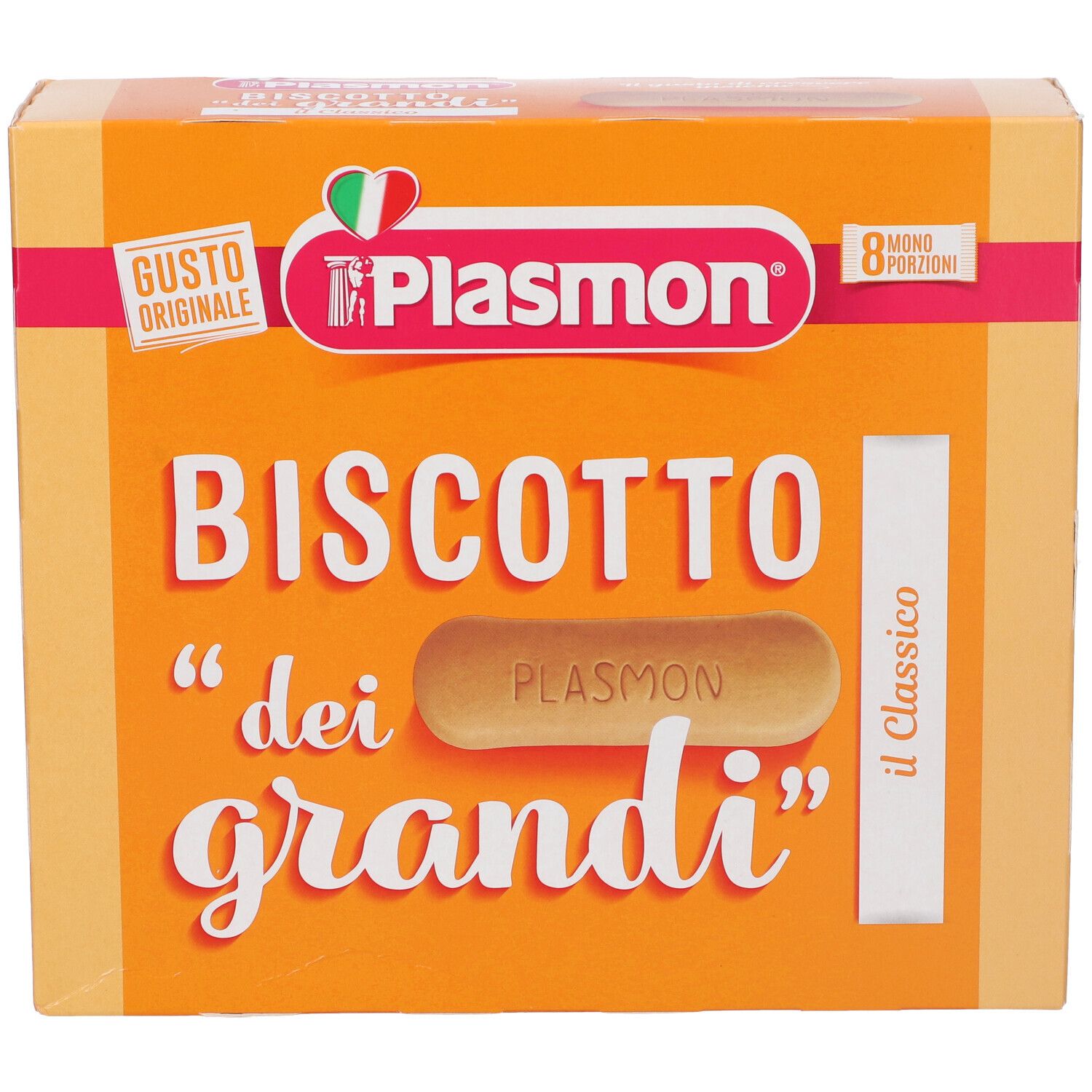 Scatola arancione "Biscotto dei grandi" con logo Plasmon. Biscotto singolo mostrato. "Gusto Originale" e "8 monoporzioni".