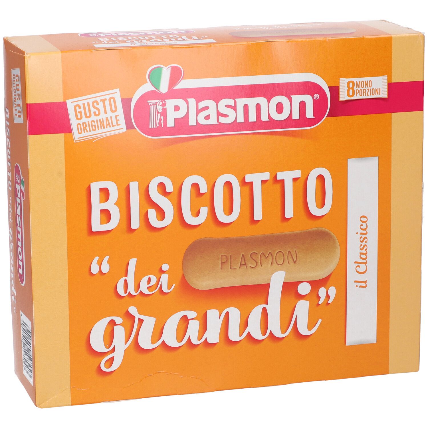 Scatola arancione "Biscotto dei grandi" con logo Plasmon. Biscotto singolo mostrato. "Gusto Originale" e "8 monoporzioni".