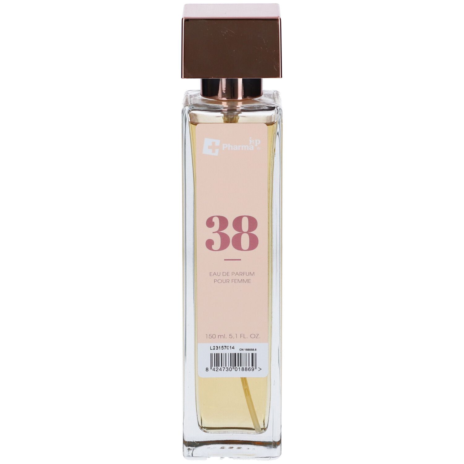 Flacone rettangolare con tappo marrone. Etichetta con numero 38 e testo. Liquido trasparente visibile.