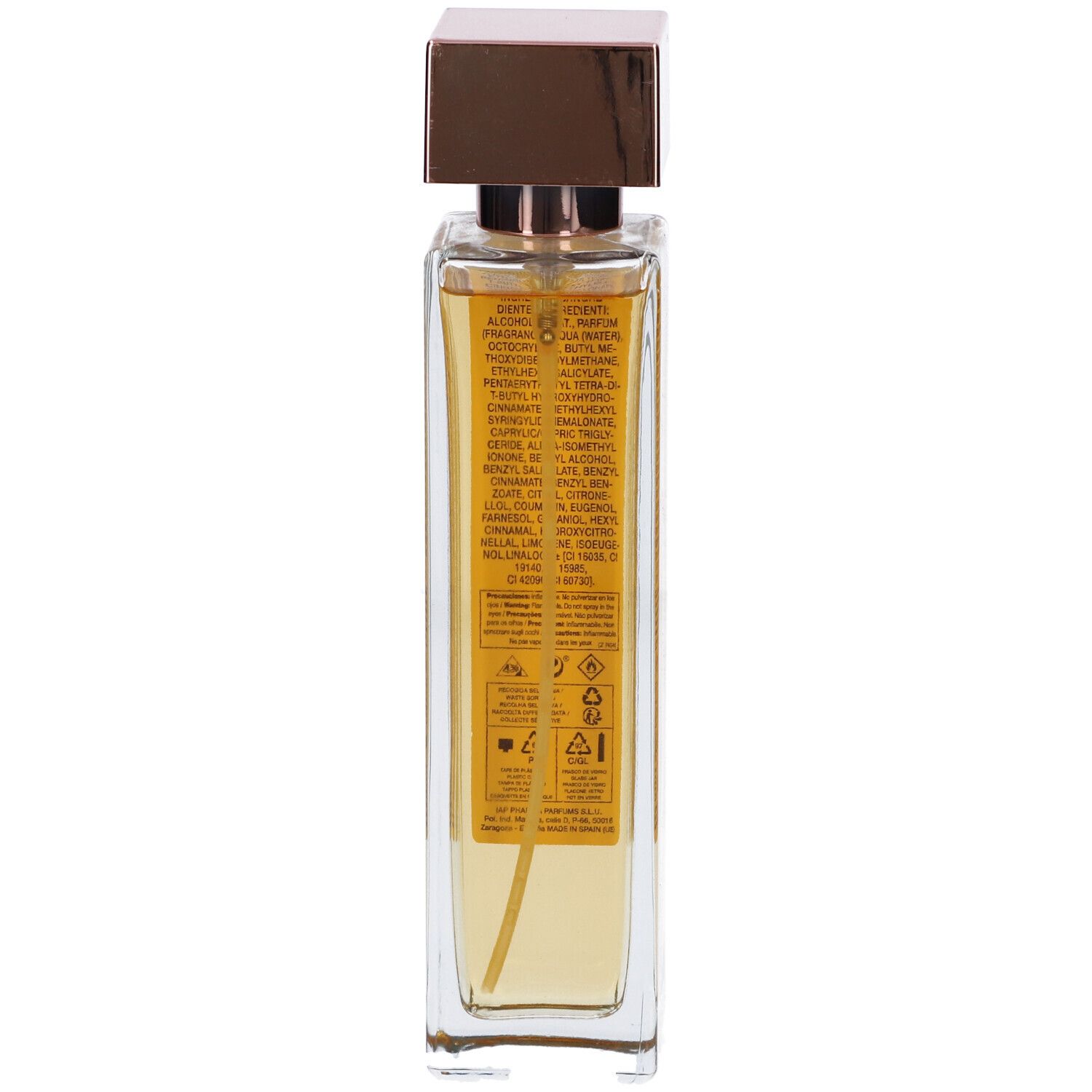 Retro di un flacone rettangolare. Etichetta con testo e simboli. Liquido trasparente visibile.