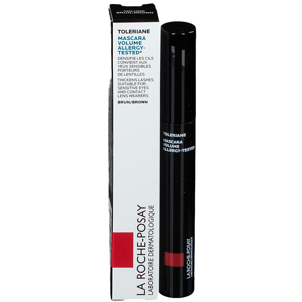 Mascara nero e confezione. Testo: Toleiane Mascara Volume. Marchio: La Roche-Posay.