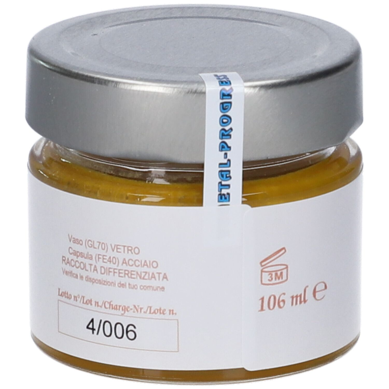 Vasetto di vetro con coperchio argentato. Scritta "Tropicanta estratto". Etichetta con testo e 106 ml.