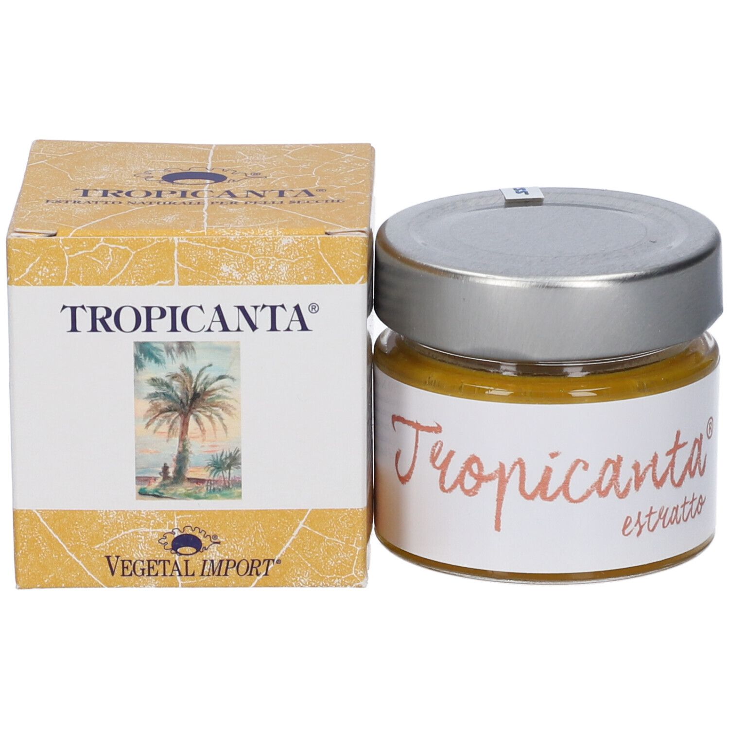 Vasetto di vetro con coperchio argentato e scatola. Scritta "Tropicanta". Contenuto giallo visibile.